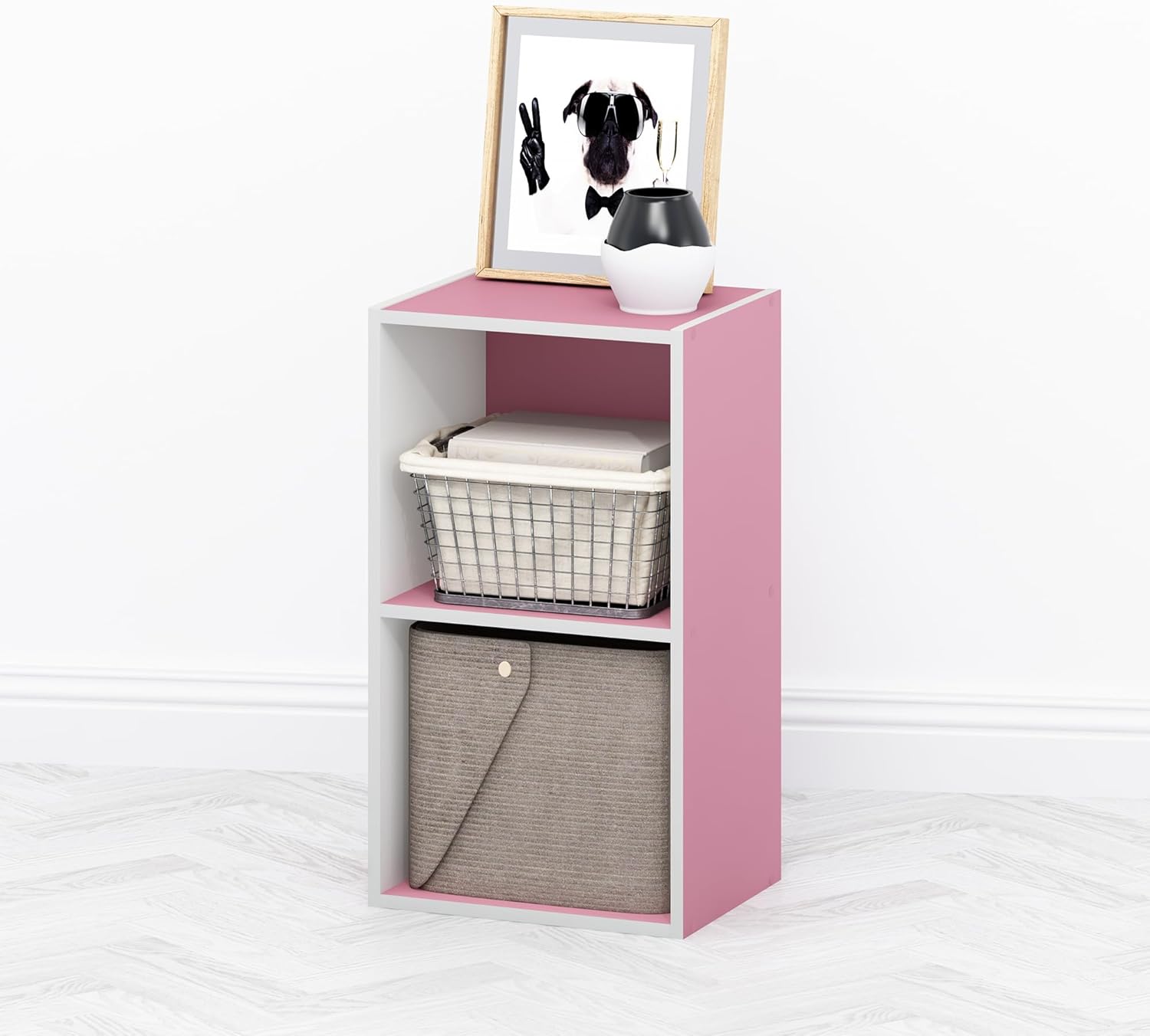 Furinno TOMI Book Shelf, 2-Tier Modern Bookshelf, Open Shelves Bookcase 9 x 12 x 21, for Living Room, Bedroom, Home Office, Pink