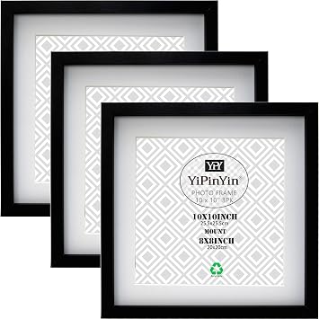 10x10Inch Square Black Photo Frame Set Of 3, 25.5 x25.5cm picture frame with mount for 8 8''/20x20cm Garllery Picture Frame, 8x8'' frame For Wallmounted & Desk Top