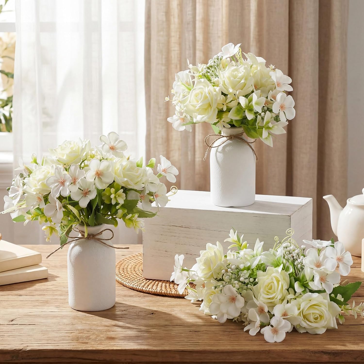 6 Set Wedding Centerpiece for Table Artificial Roses Bouquets Flowers with 5 X2.8 Inch Ceramic-Like Vase Rope Decor for Wedding Engagement Holiday Party Bridal Shower Home(Classical White)