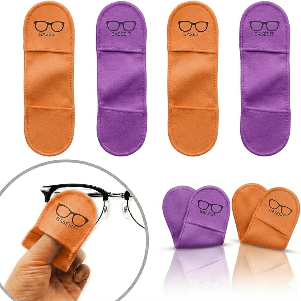 Limpiador de gafas con agarre para los dedos (paquete de 4) – Paño de limpieza de gafas de microfibra premium para gafas, gafas de sol, pantalla del teléfono y lentes de cámara (naranja/púrpura)