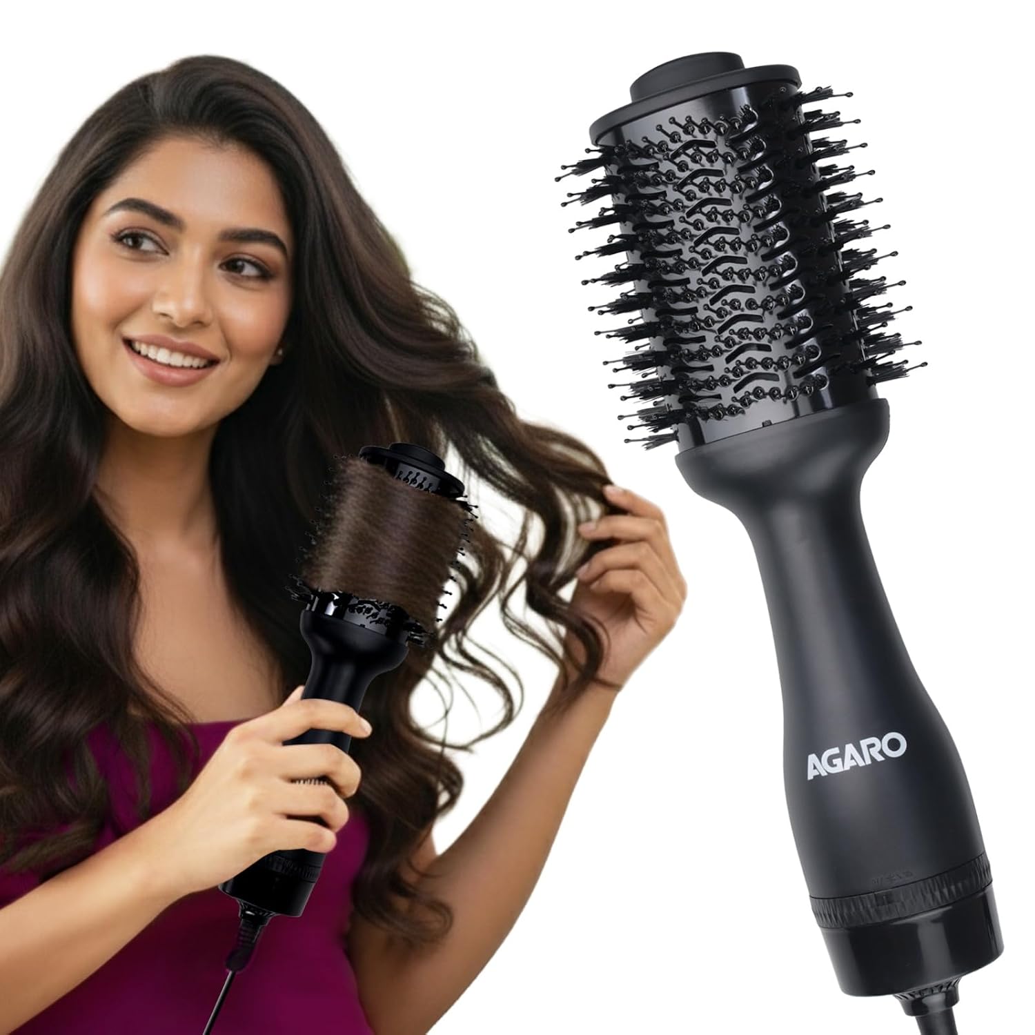 AGARO Hot Air Brush for Hair, Blow Dryer Brush, Volumizer & Styler, 360° Airflow Vent, Oval Barrel for Hair Volume, Charcoal Bristles, Ceramic Tourmaline Coating Brushing Head, 1200W, Black HV2179
