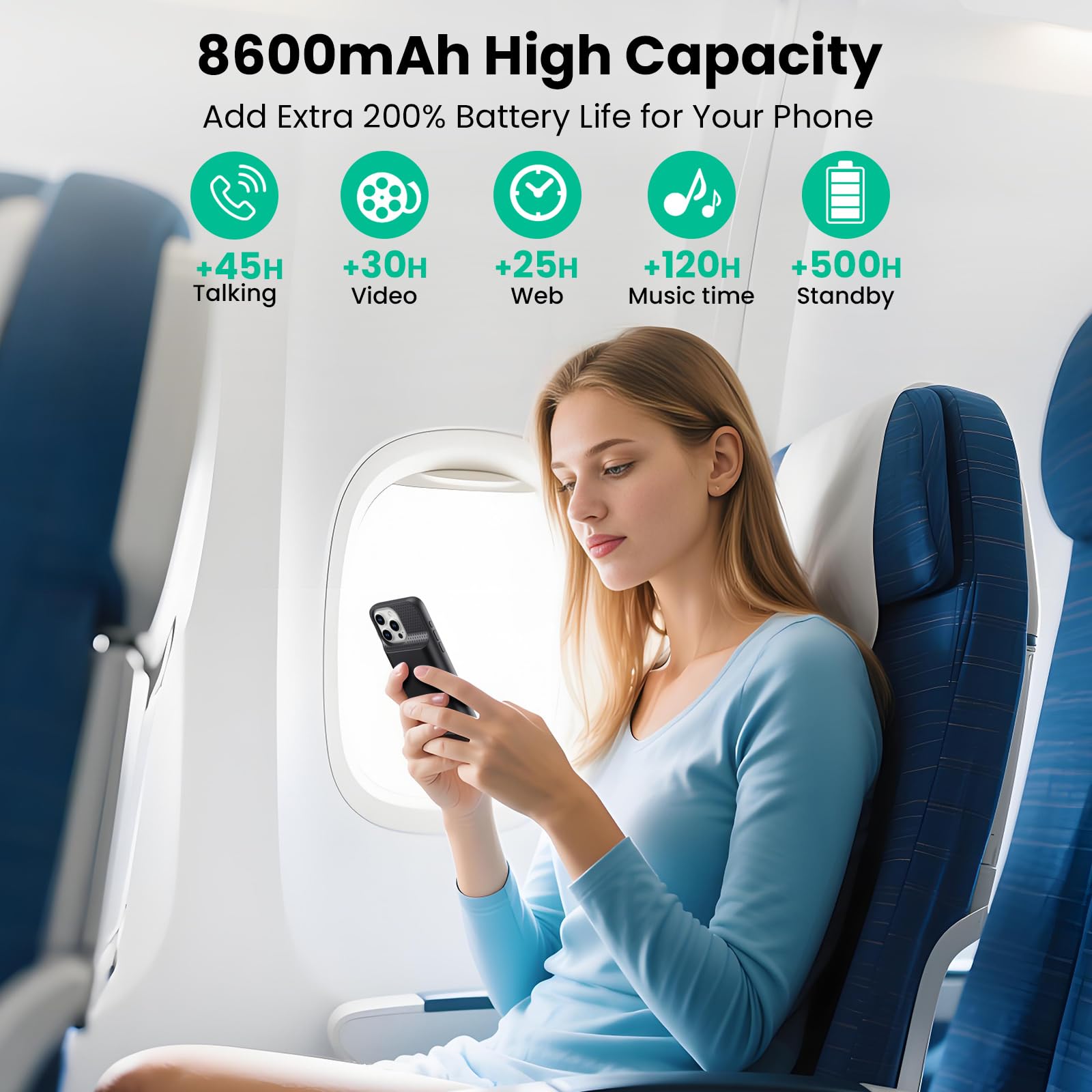 Feob Battery Case for iPhone 16 Pro Max,Ultra-Slim 8600mAh Portable Charger Case 360°Protection Rechargeable Extended Battery Charging Case for iPhone 16 Pro Max-6.9inch- Black