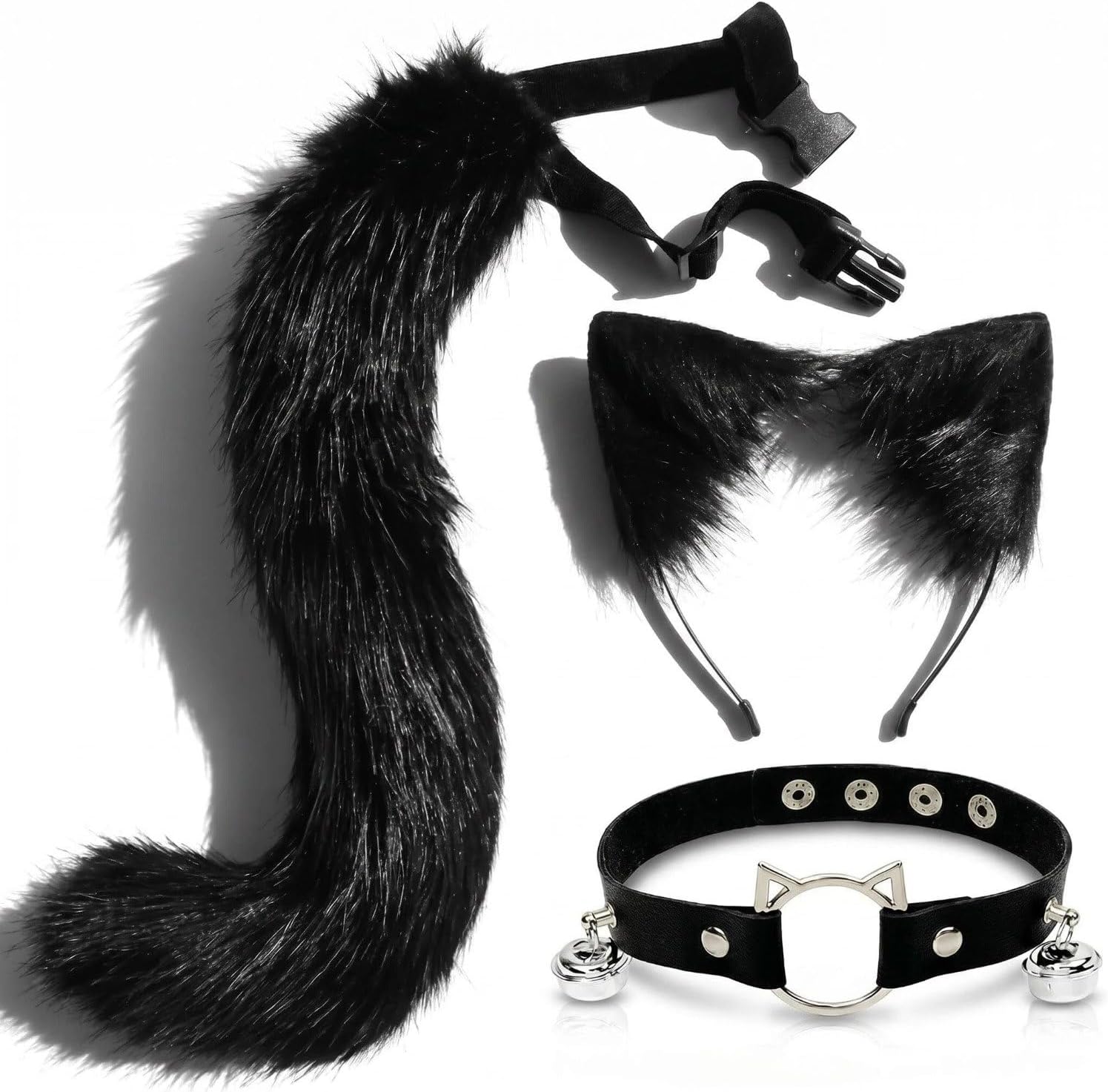 Cat Wolf Ears, 3Pcs Furry Fox Ears Tail Collar Costume Set, Faux Fur Animals Ears Headband for Halloween Accessories