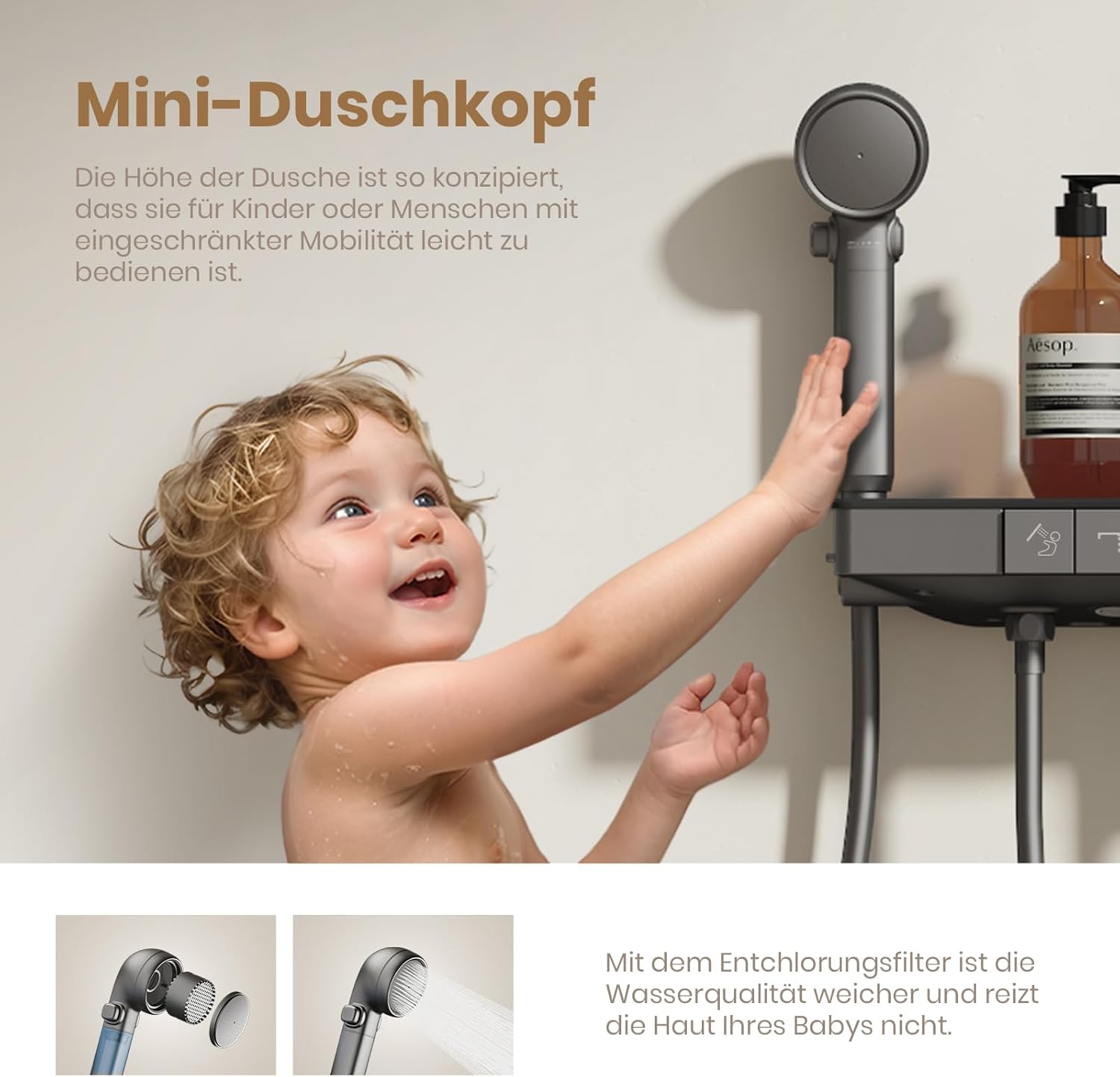 A child reaching for the EMKE mini hand shower, with close-ups of the dechlorination filter
