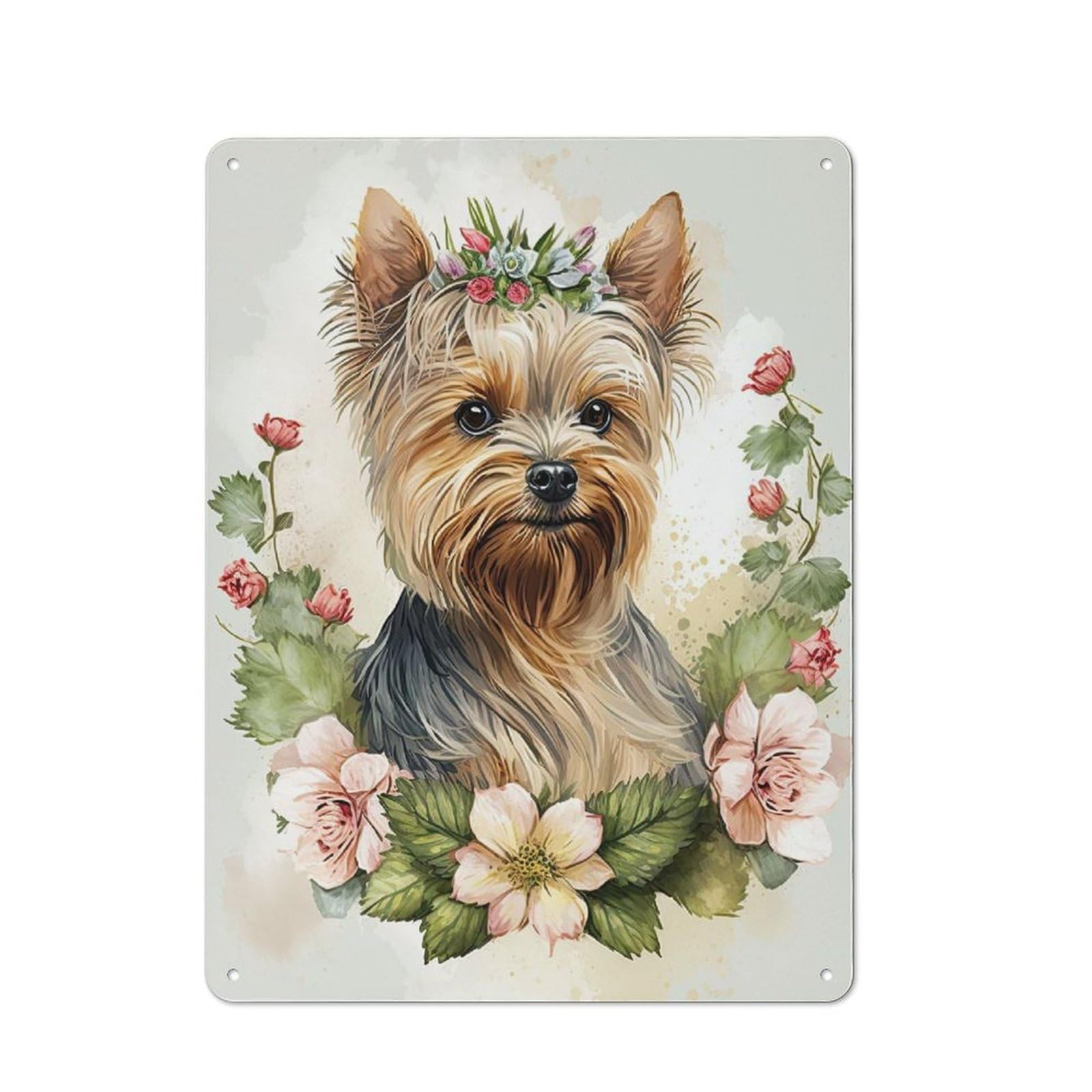 Junmoney Style-15 Yorkshire Terrier Floral Rustic Metal Wall Sign 40X30cm For Kitchen Or Home Bar, For Garage, Workshop And Man Cave Decoration