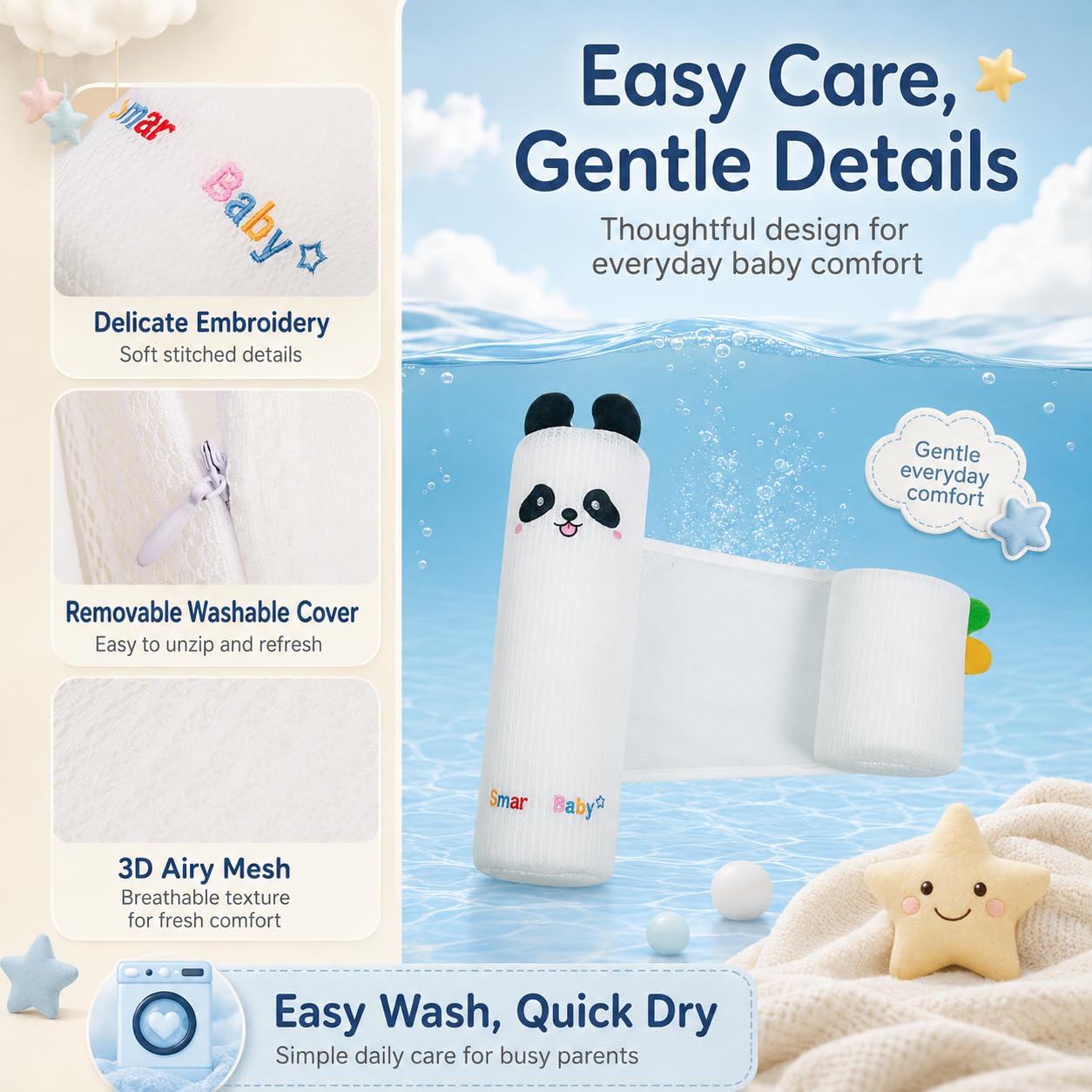 Cale Réglable pour Bébé, Oreiller Ultra-Doux Respirant de Maintien pour Lit avec Bande Ajustable, Motif Panda oTigre（Panda）