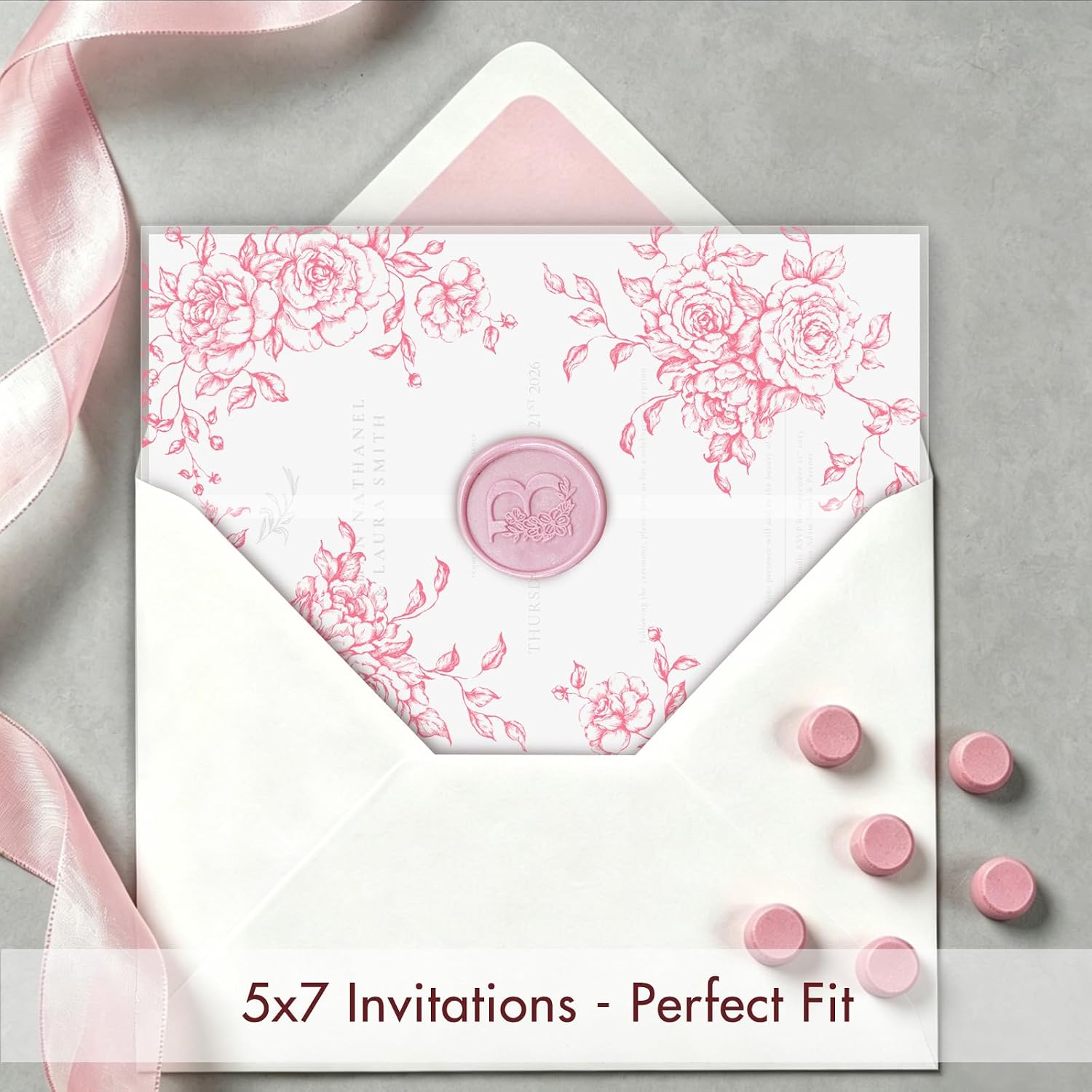 50 Pack Pre-Folded Vellum Jackets for 5x7 Invitations,AZAZA Translucent Invitation Sleeves,115GSM Vellum Jackets 5x7, Wedding Invitation Accessories, for Weddings Birthdays Baby Showers( Pink Vintage Roses)