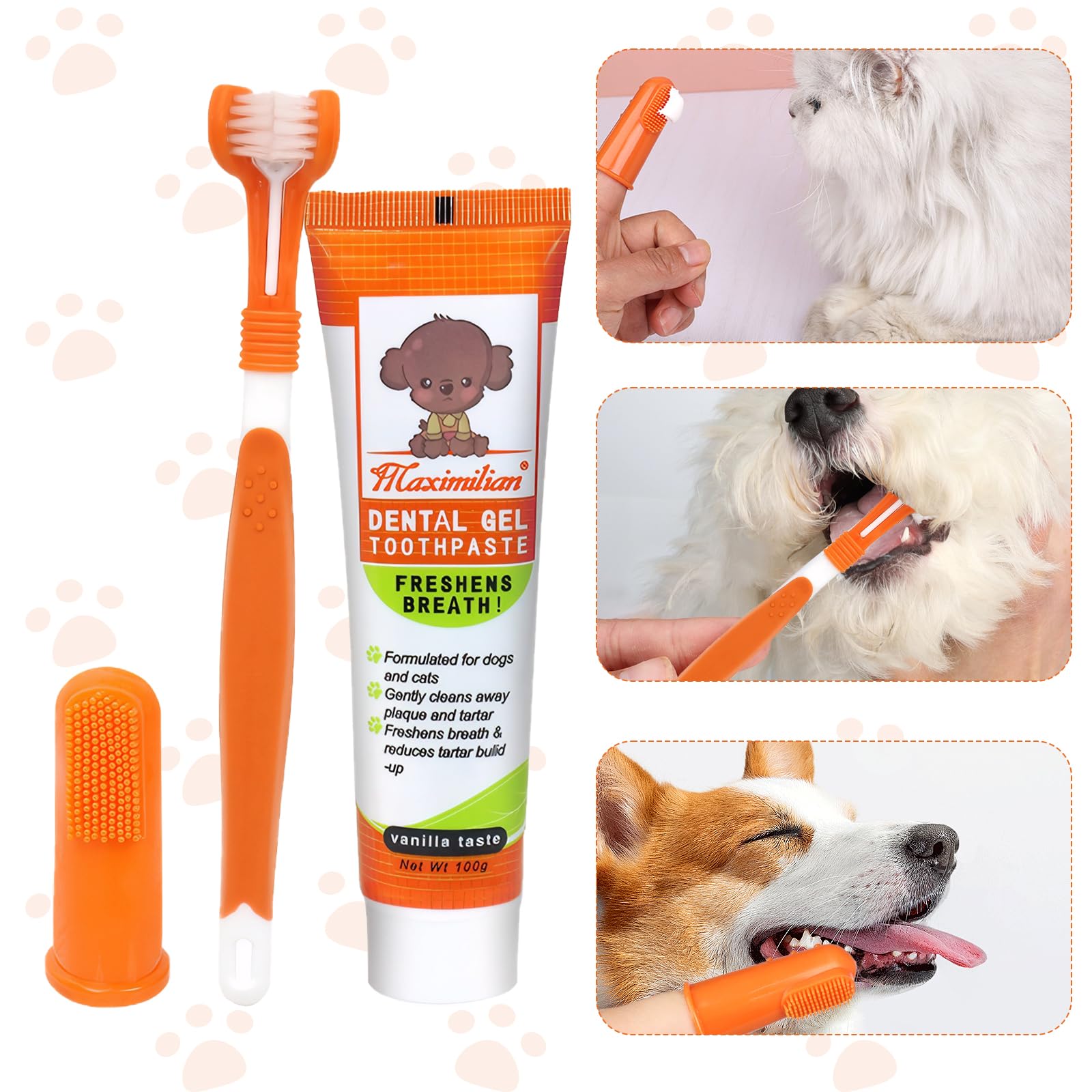 Dog Toothpaste and Brush 3PCS Soft Bristle Dog Dental Care Kit Puppy Dogs & CatsThree-Sided Toothbrush Teeth Finger Brush with Paste Plaque Tartar Remover Breath Freshener - Image 2