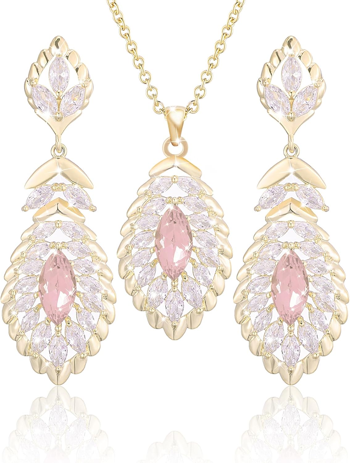 Qinpan Oval Crystal Pendant Dangle Necklaces and Earrings Jewelry Sets for Women Glod Plated