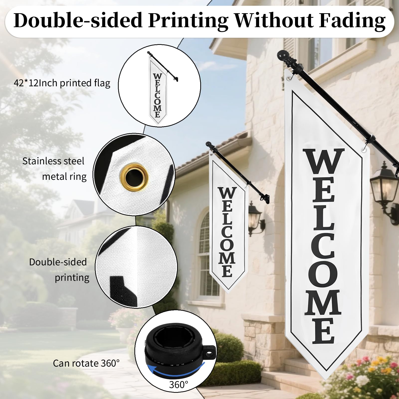 Strapazierfähiges, doppelseitiges Willkommensflaggen-Set, 106,7 x 35,6 cm, Outdoor-Leinwand-Banner mit Stange und Metallhalterung, Business-Schild für Einzelhandel, Geschäft oder Restaurant