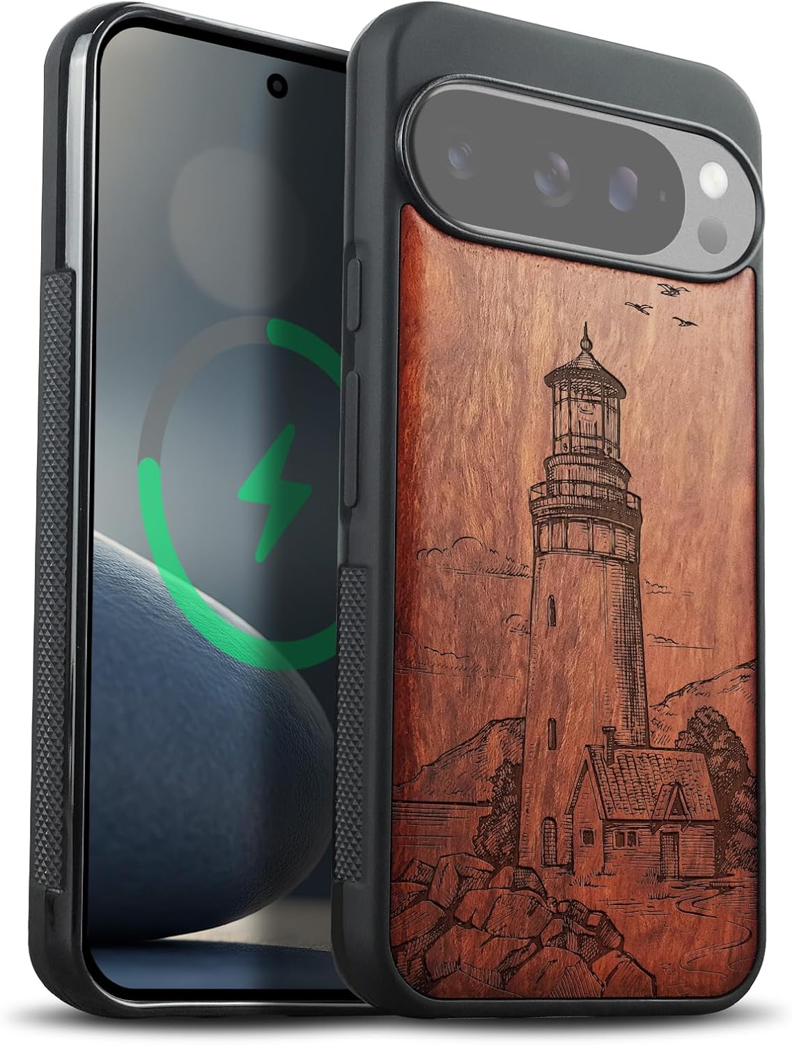 Carveit Magnetic Wooden Case for Google Pixel 10 / Pixel 10 Pro Case, Wood Artisan Engraved & Soft TPU Shockproof Cover, Compatible with MagSafe Wireless Chargers (Lighthouse) Rosy