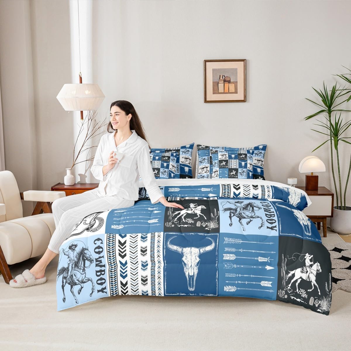 Manfei Western Cowboy Comforter Set 7 Pieces, Bull Skull Horse Arrow Print Bedding Full, Blue Lattice Patchwork Bed Set with 1 Comforter,1 Fitted Sheet,1 Flat Sheet,2 Pillowcases,2 Throw Pillow Cover