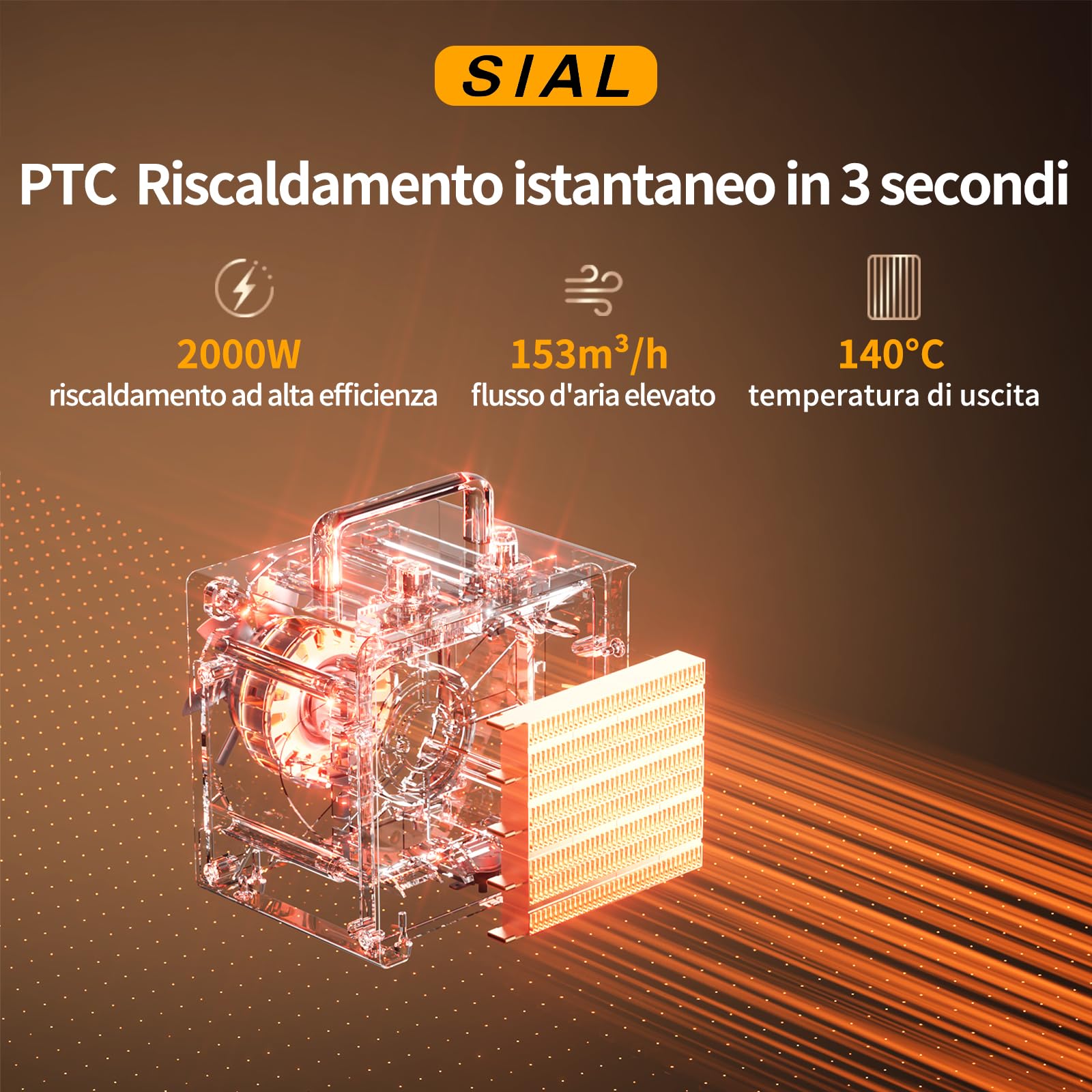 SIAL Termoventilatore Ceramico 2000W - Stufetta Elettrica - Compatto Riscaldamento Industriale - con Termostato e Protezione da Surriscaldamento, Per bagno o officina