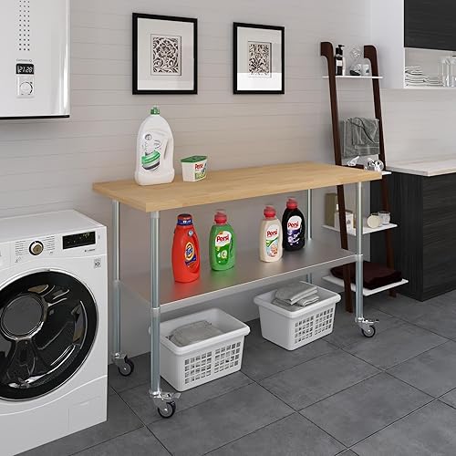 Miniatura 6 de Mesa de trabajo superior de madera de arce con estante inferior ajustable y ruedas (60 pulgadas de largo x 24 pulgadas de profundidad)