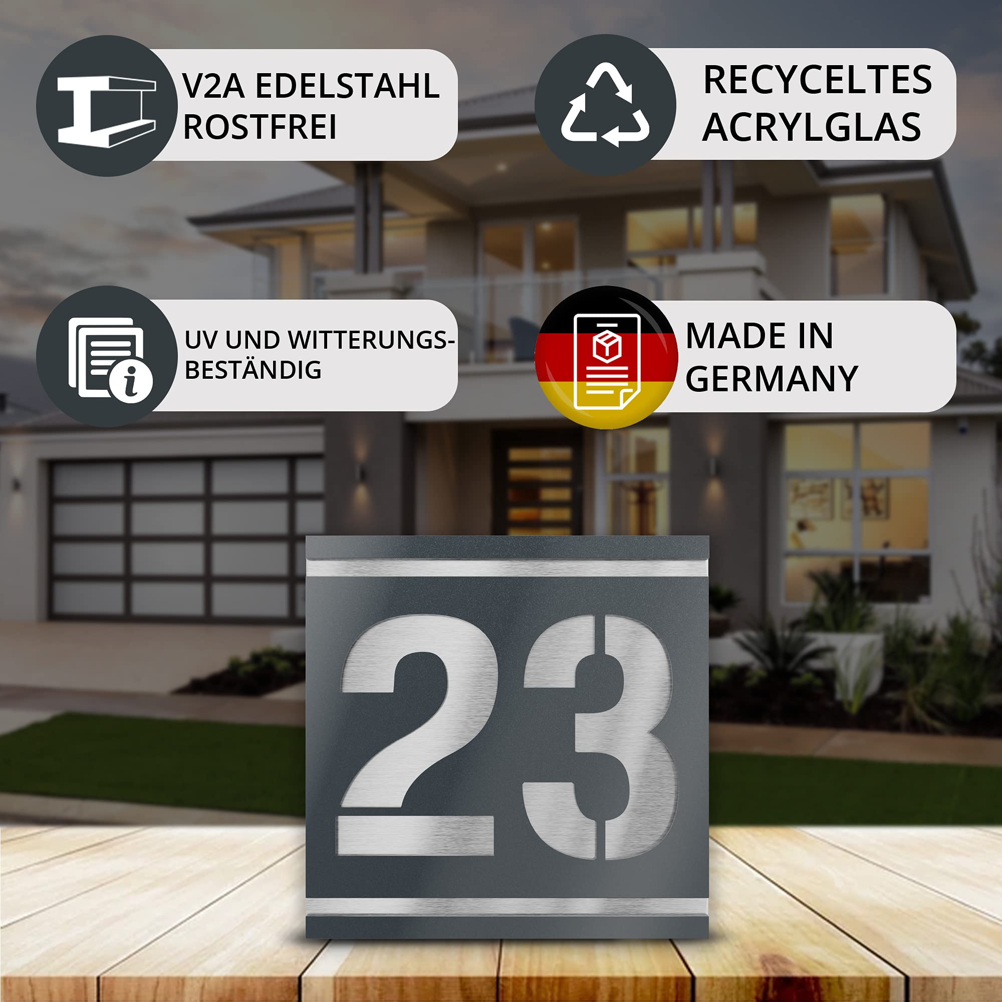 Hausnummernschild mit Gravur aus V2A Edelstahl 230x230mm - Anthrazit Metallic - Wetterfest Rostfrei Individuell anpassbar nach eigener Nummer - Made in Germany