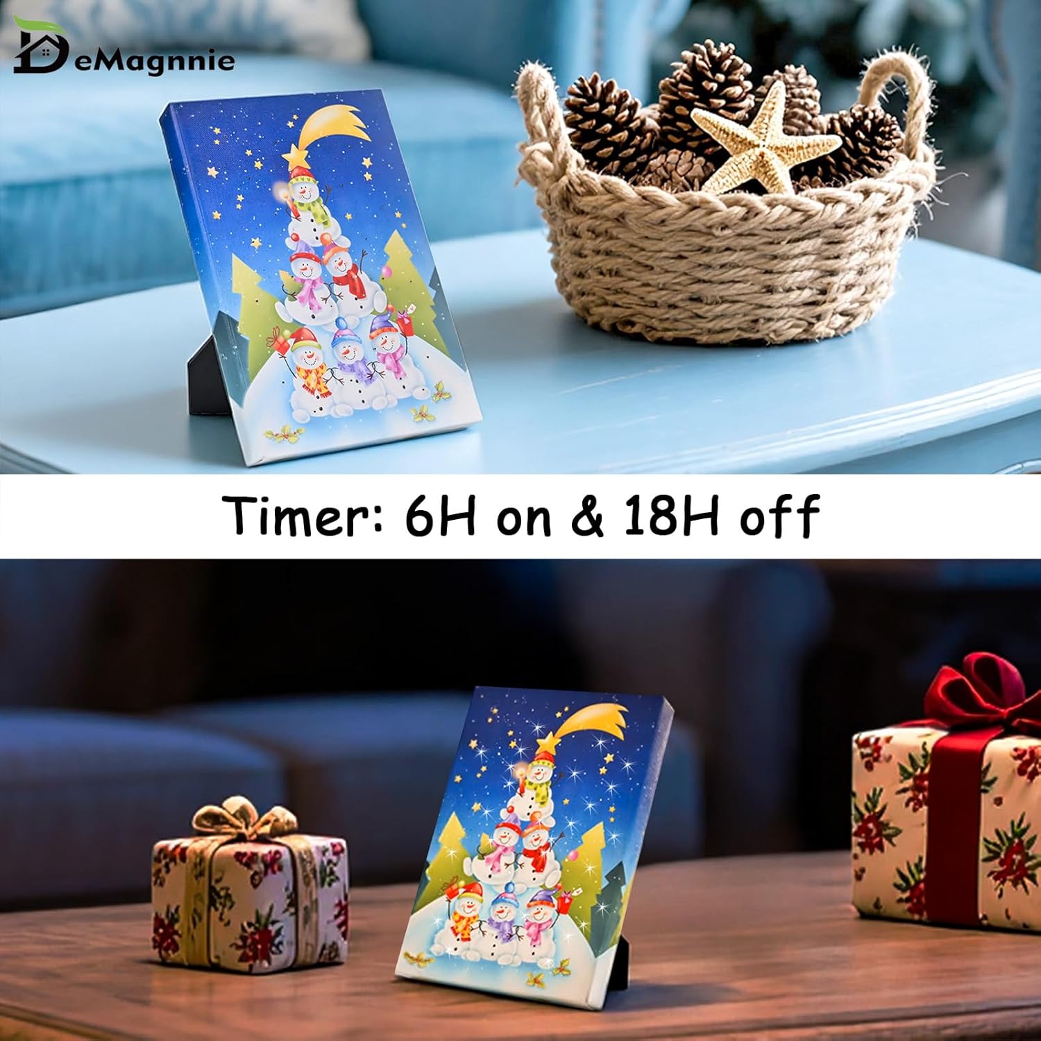 DEMAGNNIE 8"x6" Snowman Pictures that Light Up w/Built-in Timer and Fiber-optic Lights - LED Lighted Canvas Christmas Pictures w/Standing Framed for Tabletop, Small Hanging Wall Art Gifts for Kids