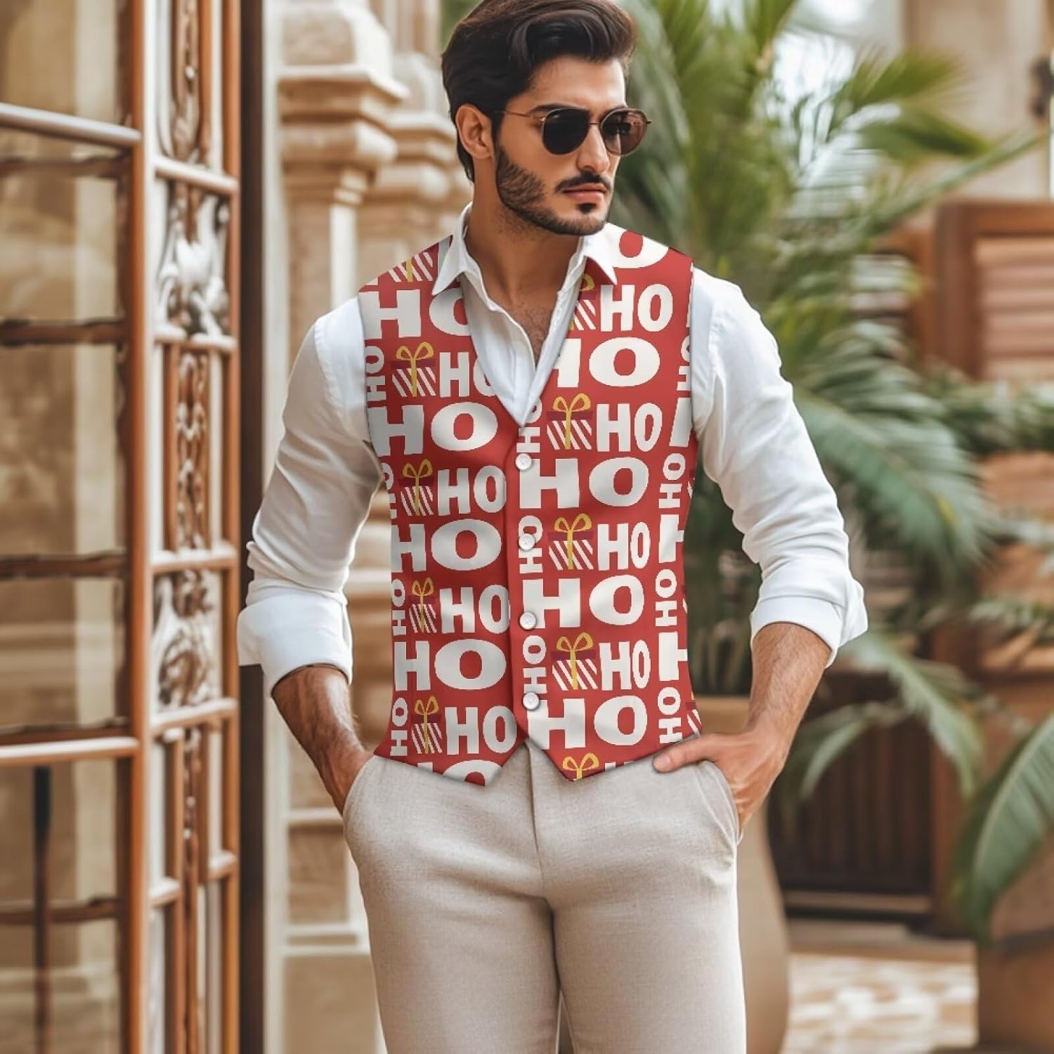 HO Christmas Vest for Men Big and Tall Herringbone Vest V-Neck Sleeveless Jacket Suit Vest Mens Vests Casual Lightweight Tuxedo Vest Party Prom Vest Big and Tall Button Waist Coats