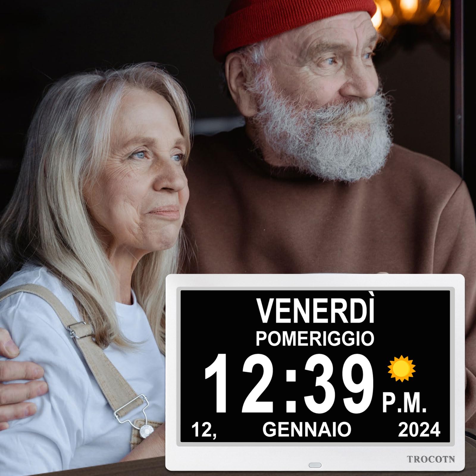 TROCOTN Grande orologio digitale per anziani, con calendario, grande display con allarmi personalizzati, orologio da parete con giorno e data, sveglia, orologio da scrivania (10 Pollici, Bianco)
