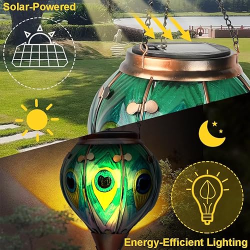 Miniatura 4 de TEYIGARDEN Linterna solar de globo de aire caliente, luces colgantes de pavo real, linterna solar de vidrio impermeable para decoración de jardín al
