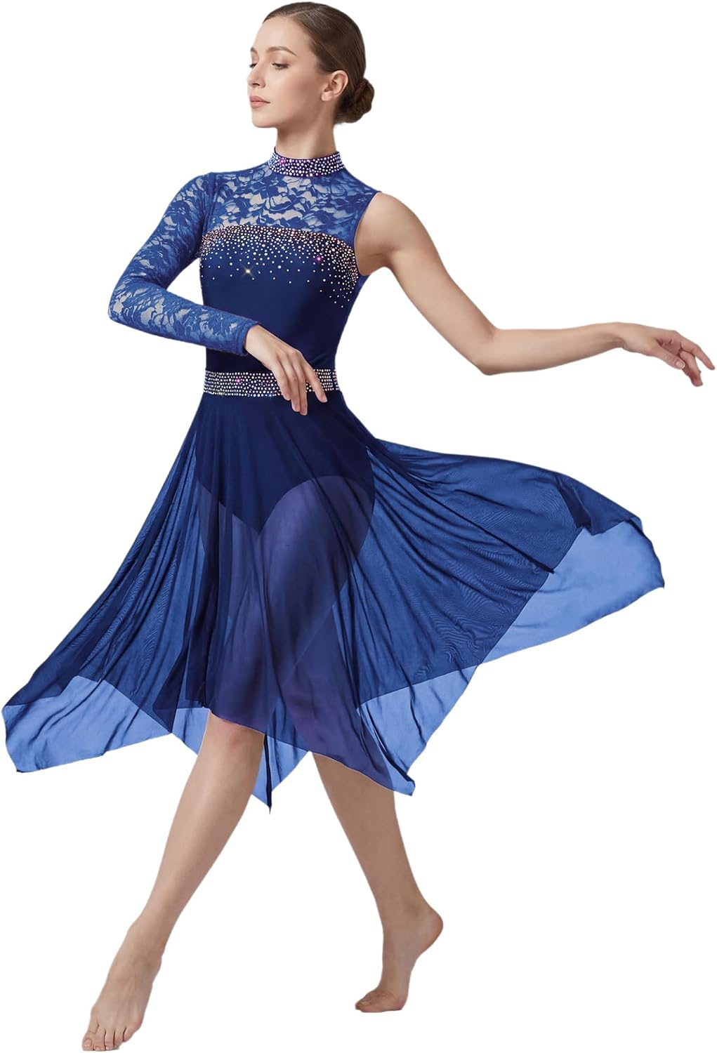 Women's Floral Lace Lyrical Dance Dress Mesh Hem Ballet Tulle Skirt Contemporary Dance Costumes
