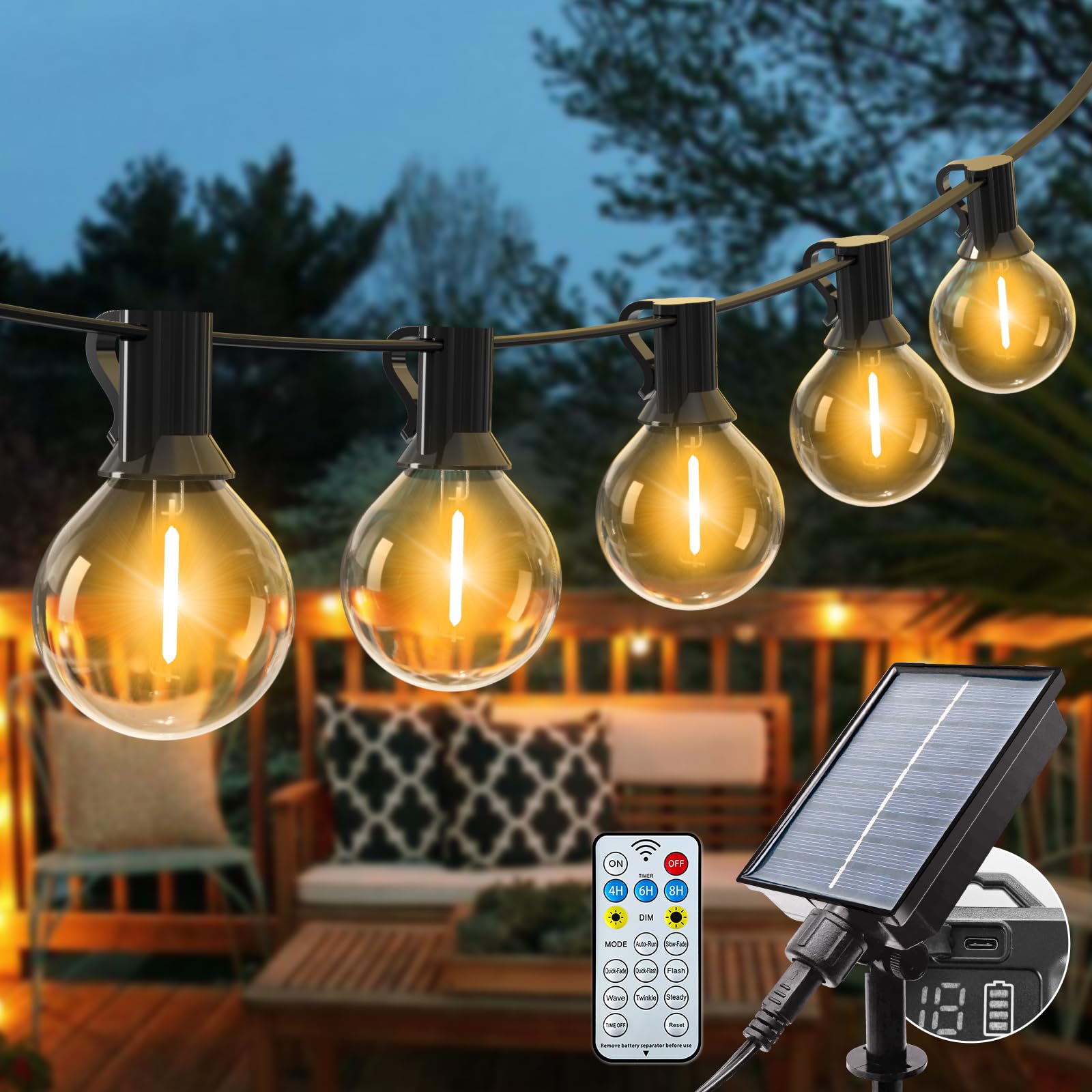 litogo Lichterkette Außen Solar, 13M 15 LEDs G40 Dimmbar Glühbirnen Solar Lichterkette Aussen Wetterfest, 8 Modi Solarlichterkette mit Fernbedienung für Terrasse, Garten, Balkon, Hochzeiten, Party