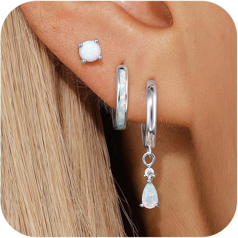 Opal Earrings Set for Women, Christmas Gift for Her, Sterling Silver | 14K Gold Plated, Hypoallergenic S925 Hoop Stud Earrings for Women with Sensitive Ears, Dainty earring Stacks—Trendy Opal Jewelry 2025