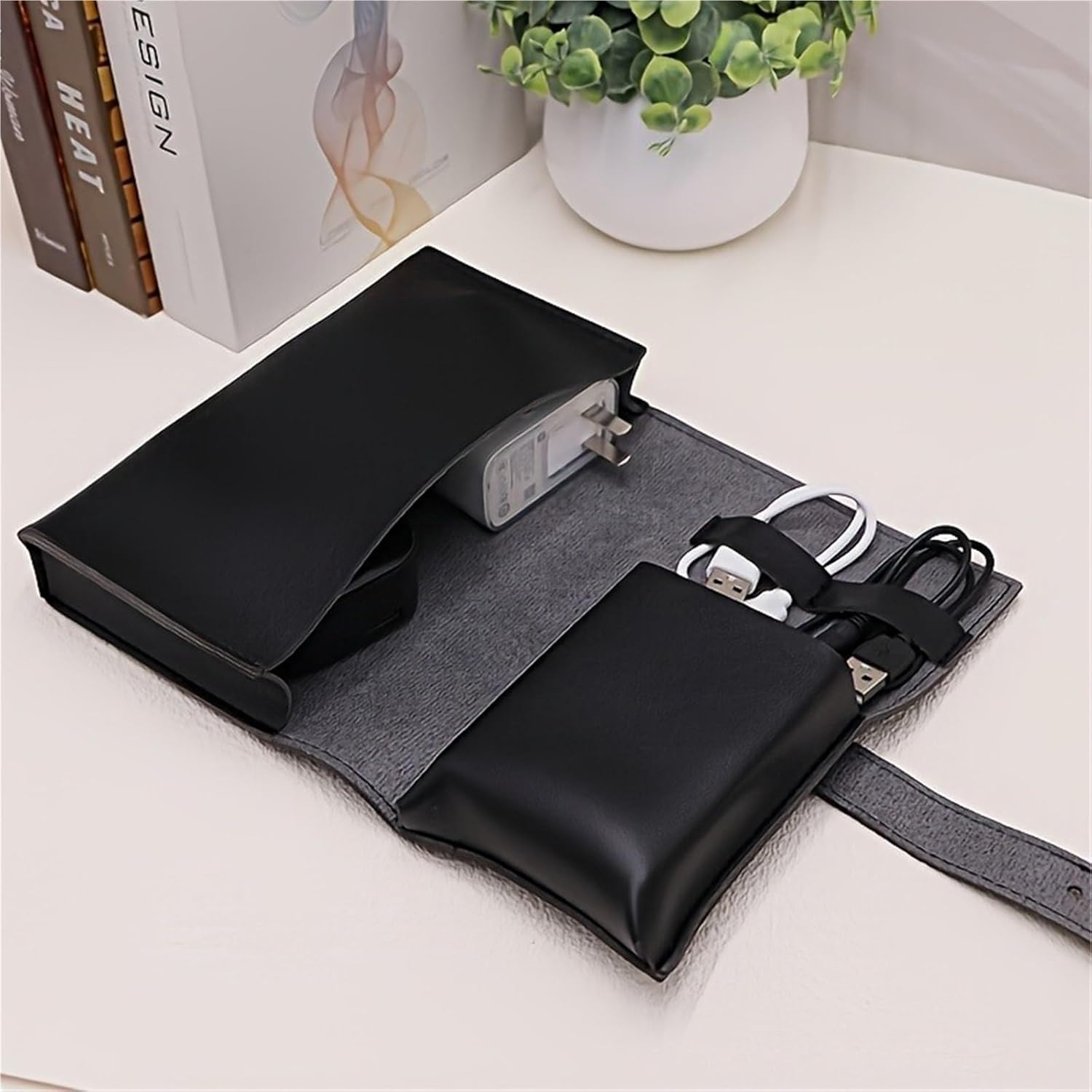 1pc PU Leather Multi-Compartment Organizer-Portable Accessories Case for Cables Chargers Travel Storage(Black)