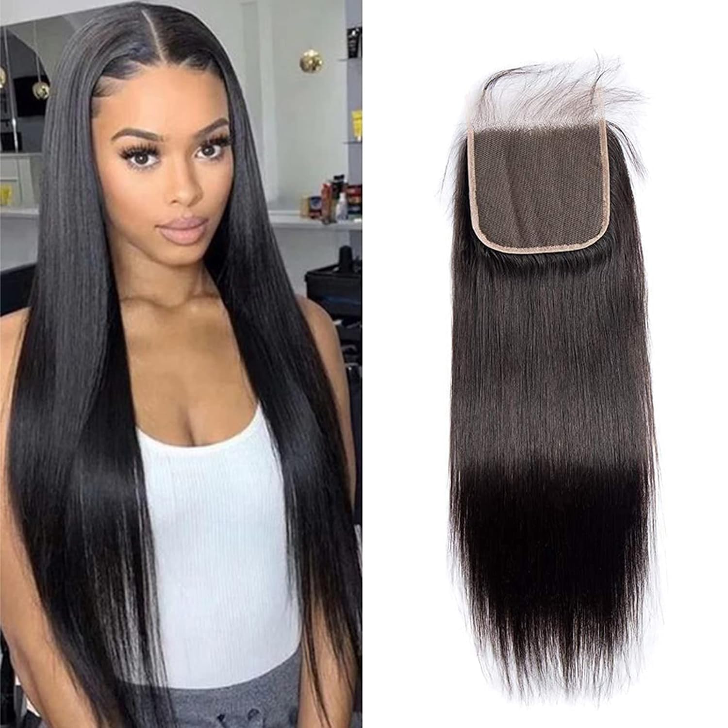 Lemo beauty5x5 HD Lace Closure 16Inch Straight Transparent Lace Closure Bleached Knots&Pre Plucked 12A Brazilian Virgin Human Hair Closure Frontal Free Part Pre Plucked with Baby Hair Natural Color