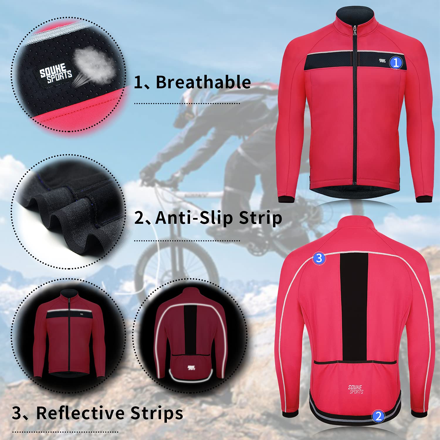 Souke Sports Veste de Cyclisme Coupe-Vent Thermique Imperméable Manche Longue pour Homme avec Matériaux Réfléchissants pour Cyclisme à Randonné, Course à Pied