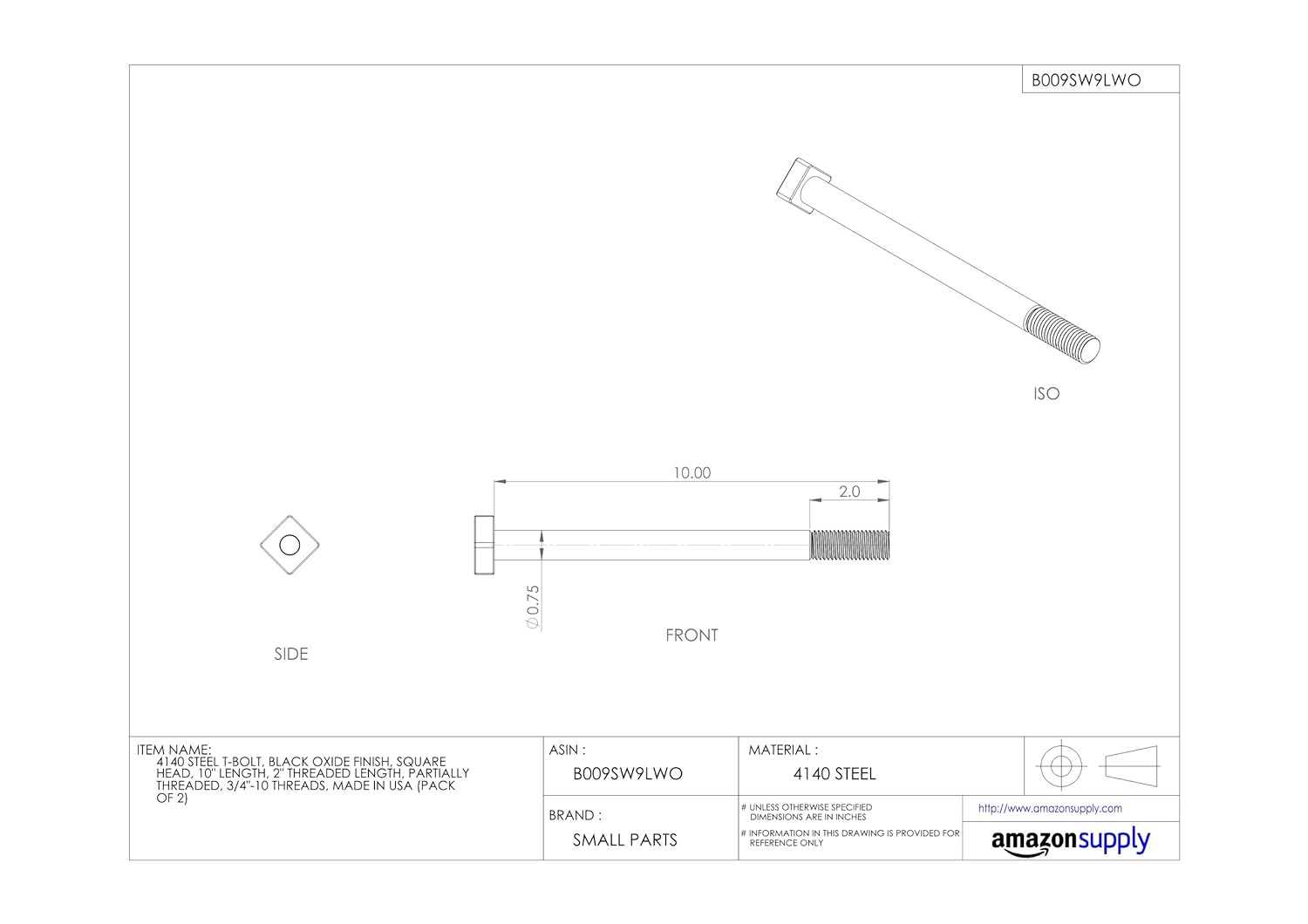 Te-Co 46561 Black Oxide 4140 Steel T-Bolt, 5/8"-11 TPI, 2" Thread Length, 2-1/2" Length, 1-1/8" x 1-1/8" x 13/32" Head, 5/8" Table Slot (Pack of 2)