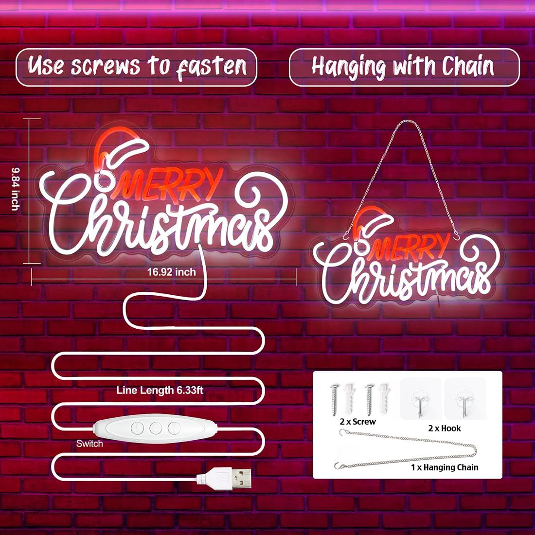 Merry Christmas Neon Sign for Wall Decor Dimmable Neon Christmas Sign fox Xmas Party Red White LED Neon Xmas Sign for Home Office Store USB Powered 16.92"x9.84"
