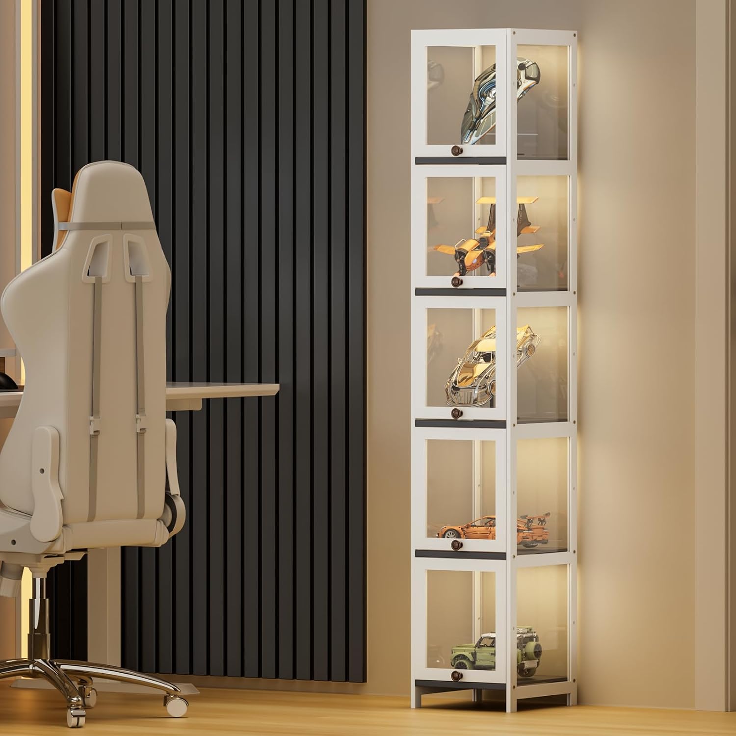 MoNiBloom 68" Tall Slim Narrow Clear Acrylic Door Curio Cabinet Display Case with Corner Shelves, White
