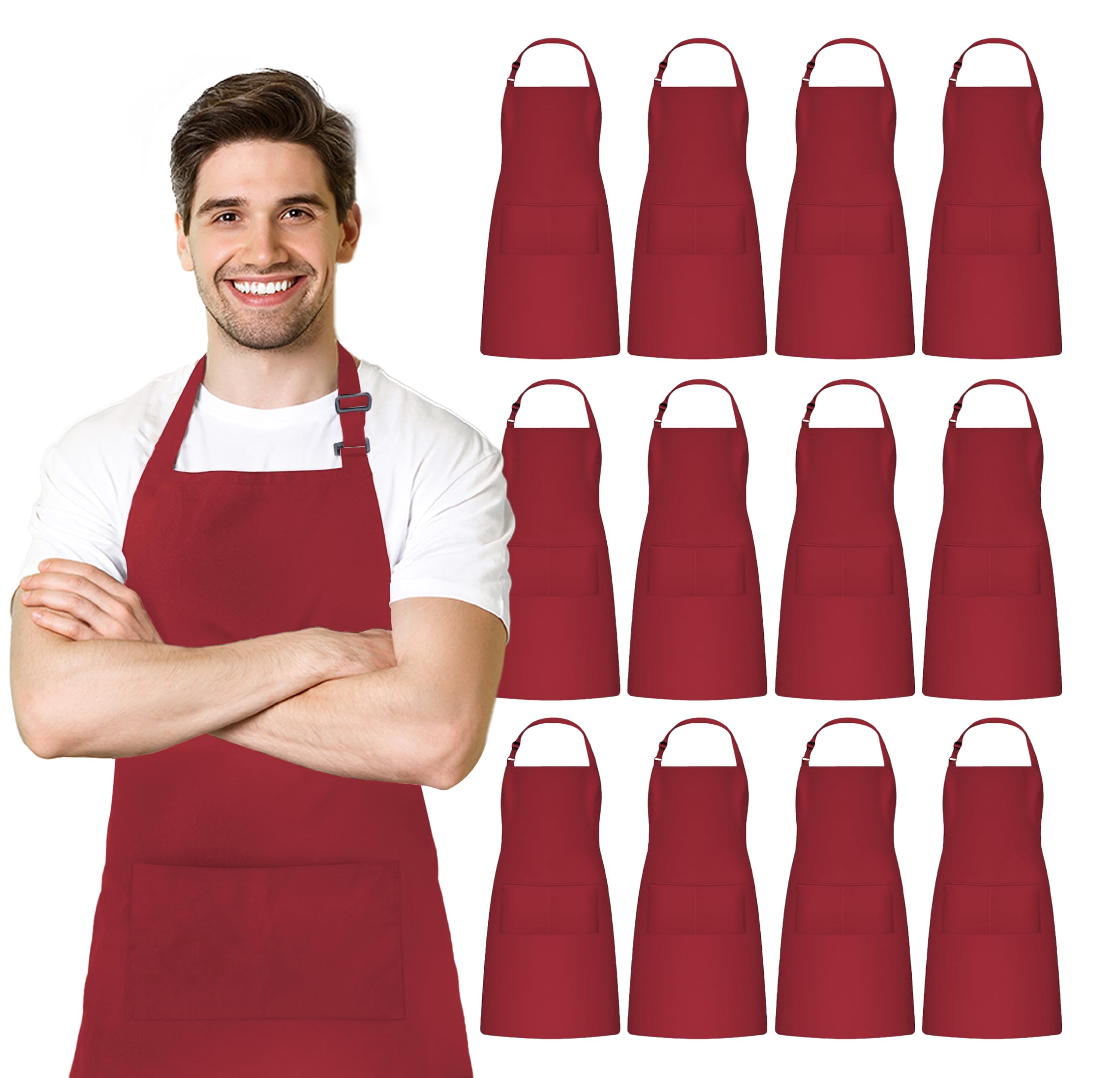 Tablier de cuisine réglable 100% polyester résistant aux gouttes d'eau avec sangle réglable, poches et longues attaches