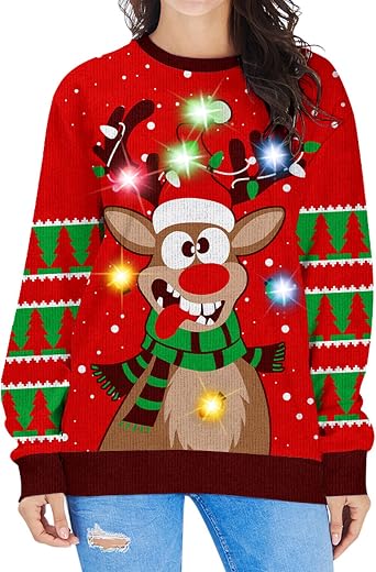 Fanient Women LED Light Up Ugly Christmas Sweater Snowflake Reindeer Xmas Sweater Built-in Light Bulbs Knitted Pullover
