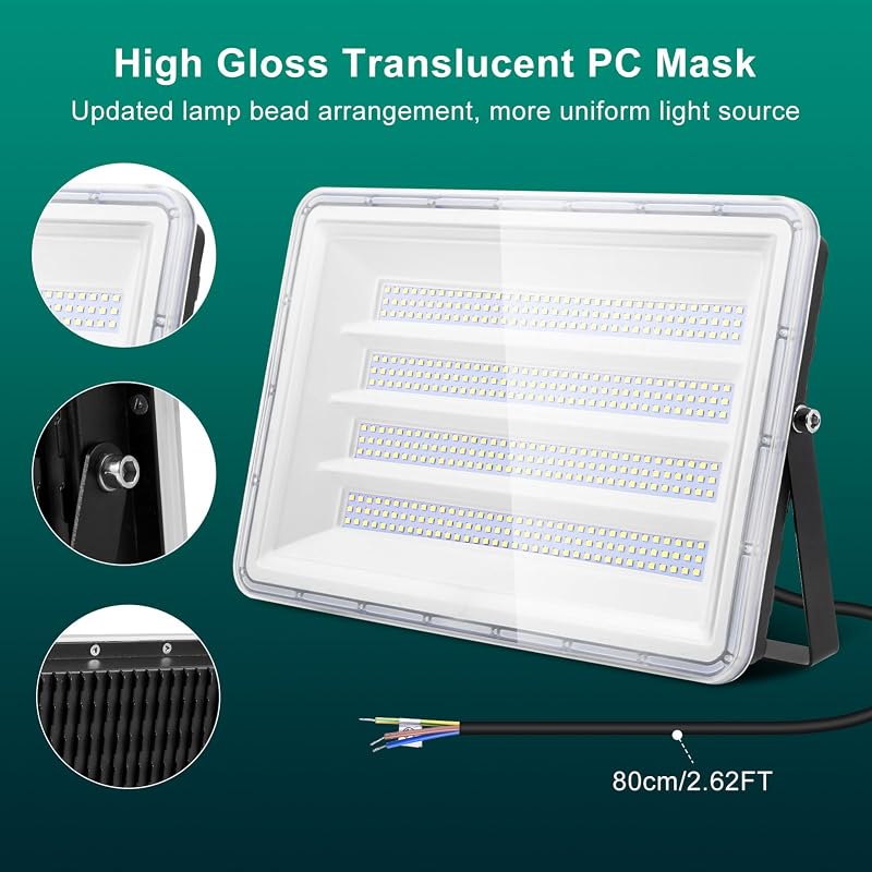 Viugreum LED Kültéri Reflektor, 2 db, 300W, 30000 lm, IP66 Vízálló, 6500K Hideg Fehér, 120° Szórási Szög, 80 cm Kábellel, Kerthez, Garázshoz
