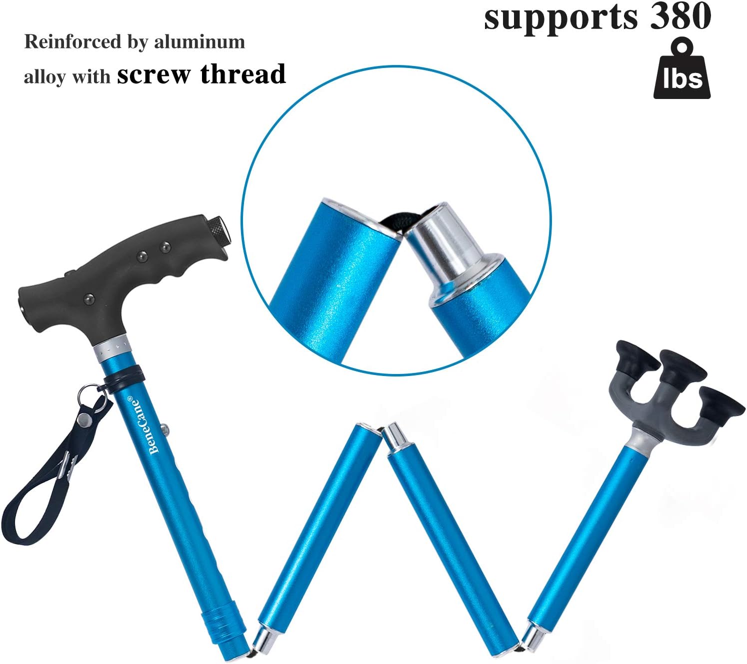 BeneCane Travel Adjustable Folding Canes and Walking Sticks for Men and Women - Led Light and Easy Grip Handle for Arthritis Seniors