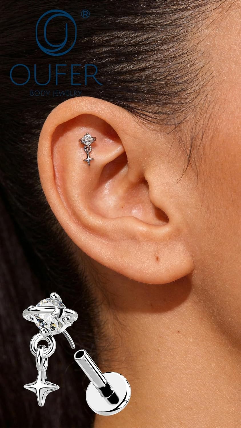 OUFER 16G Star Helix Piercing Jewelry, 6mm Silver Flat Back Dangle Stud, 316L Surgical Steel with CZ for Labret Conch Nostril, Hypoallergenic Cartilage Piercing Jewelry for Women Men Daily Party Gift