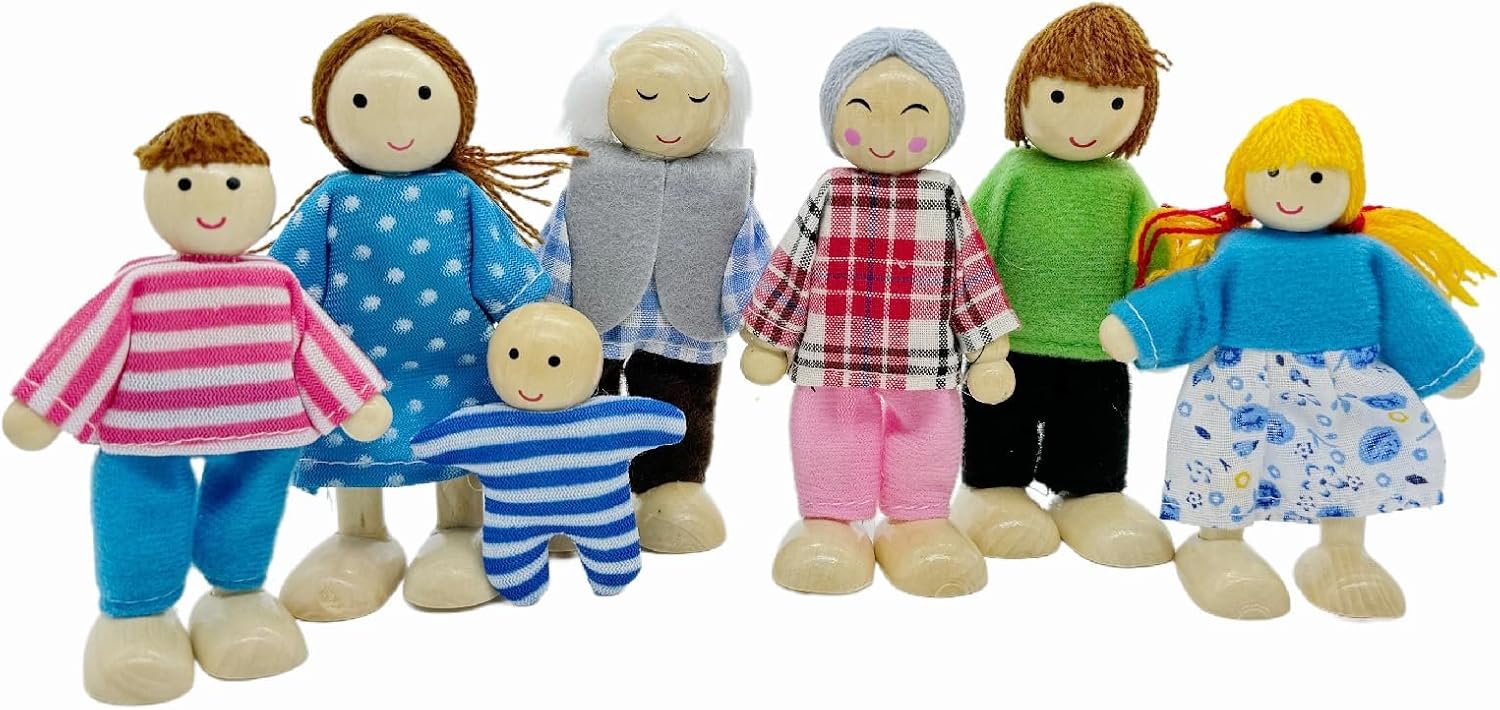 HYSTYLE 7 Pack Poseable Wooden Doll Dollhouse Dolls Wooden Doll Family Pretend Play Figures, Family Role Play Pretend Play Mini People Figures (Classic People)