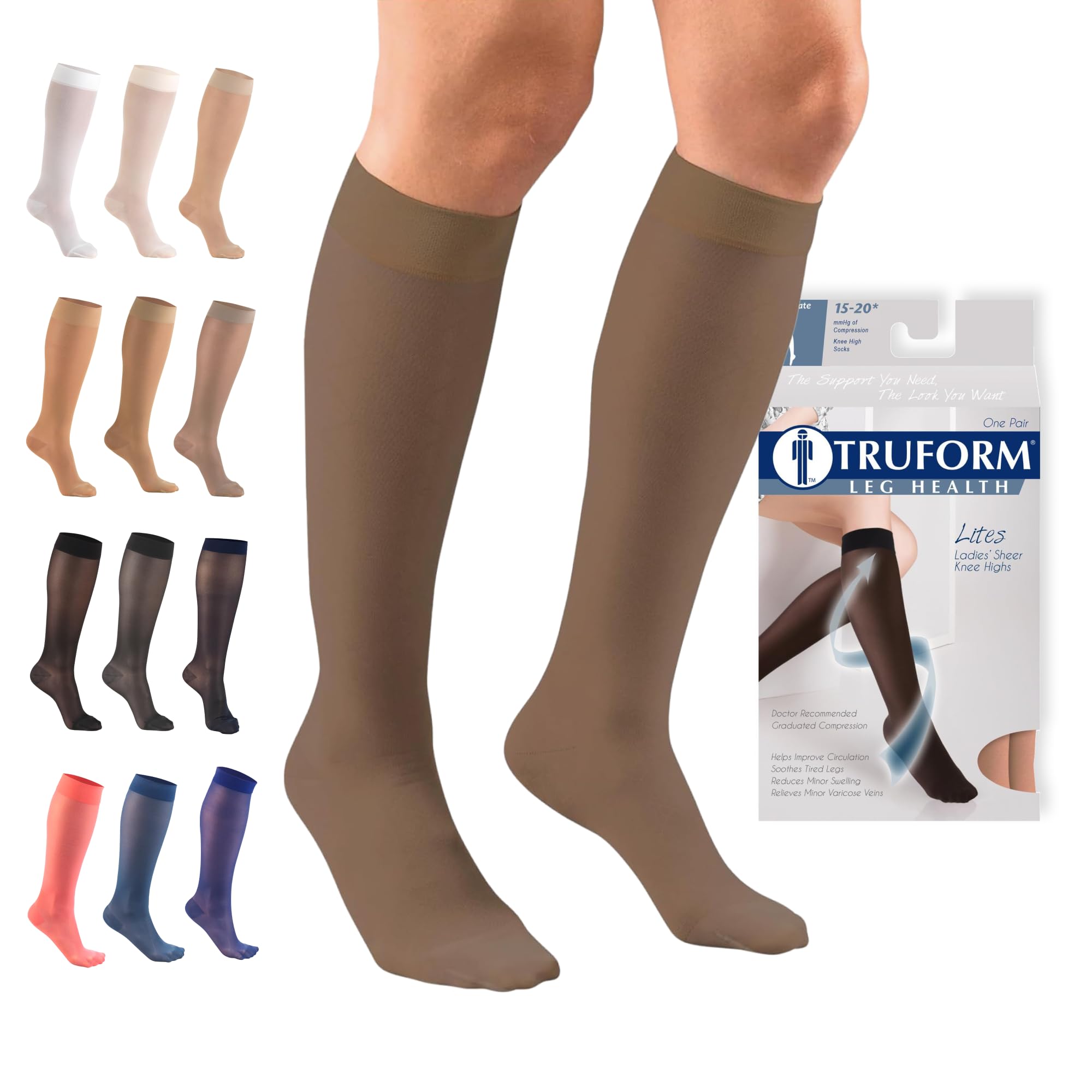 Truform Sheer Compression Stockings, 15-20 mmHg, Women's Knee High Length, 20 Denier, Espresso, X-Large