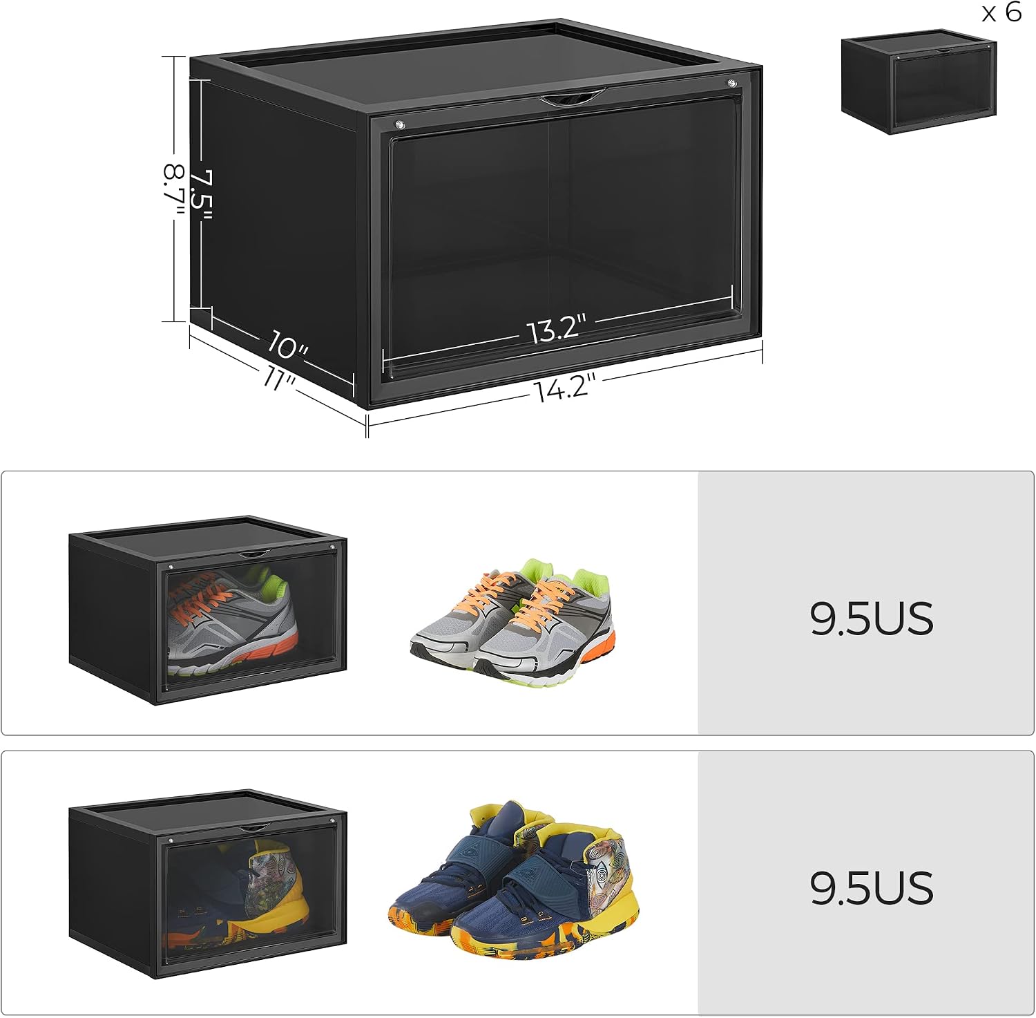 SONGMICS Shoe Boxes, Pack of 6 Stackable Shoe Organizers with Clear Door for Sneakers, Plastic Shoe Storage for US Size 12, 14.2 x 11 x 8.7 Inches, Black ULSP06CB