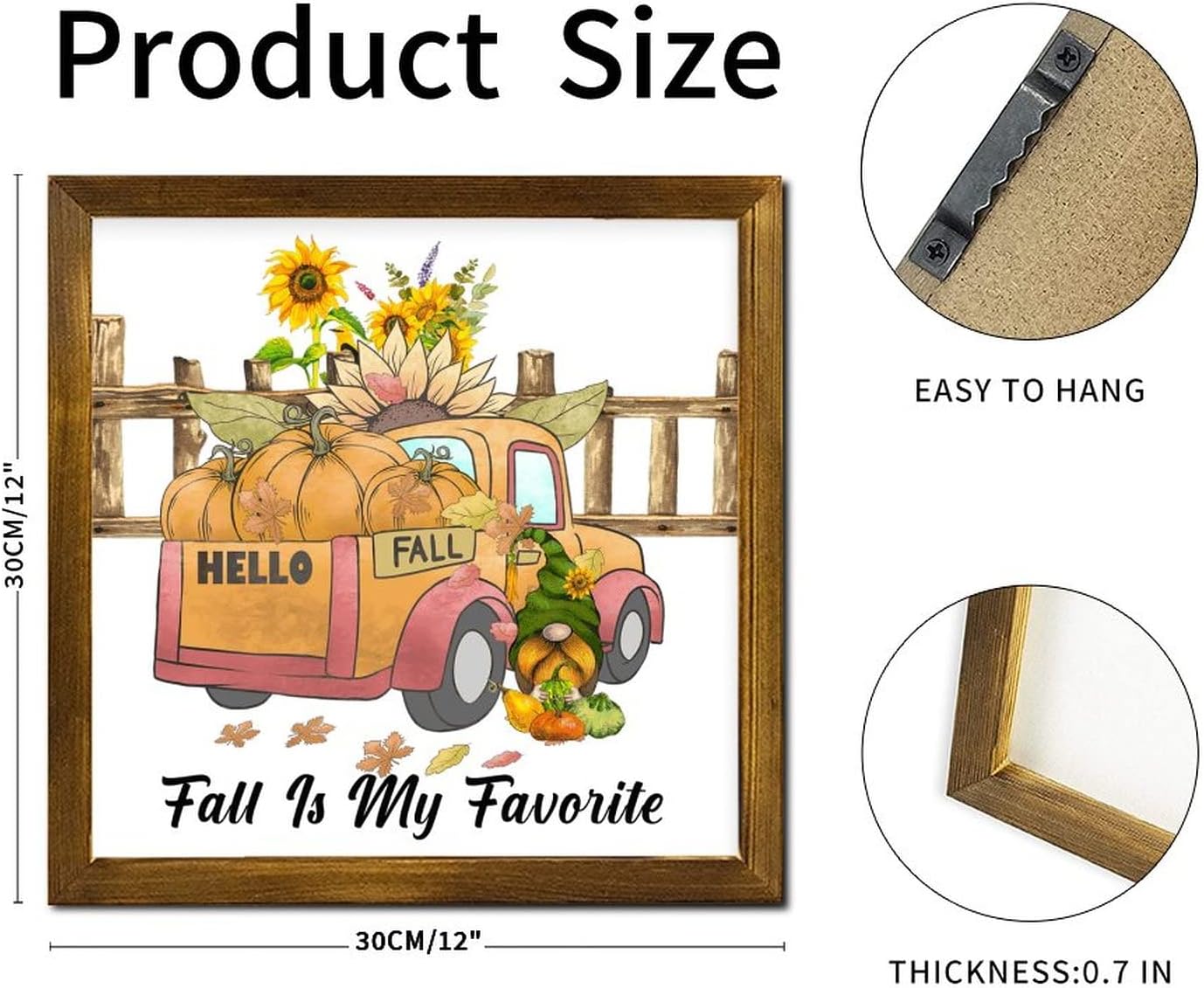 Fall is My Favorite Framed Wooden Sign Gnome Pumpkin Sunflower Orange Truck Door Sign Rustic Harvest Thanksgiving Home Family Wall Decorative for Laundry Room Bathroom Bedroom Home 12x12 inch