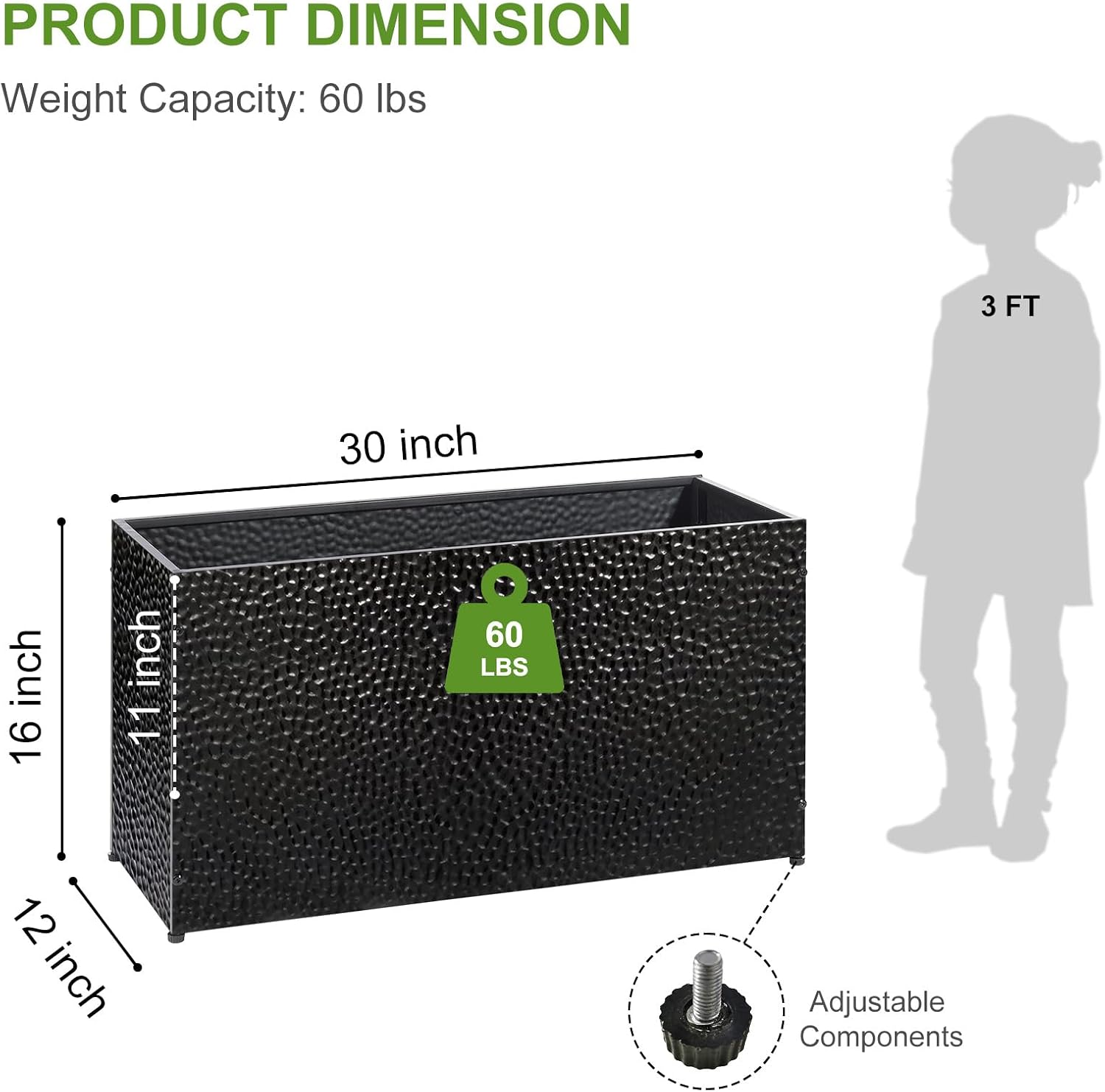 BAYN 30x12x16 Inch Rectangular Metal Planter Box – Black Hand-Hammered Metal Planter with Pre-Drill Holes, Heavy Duty Outdoor Garden Planter for Patio, Porch, Yard