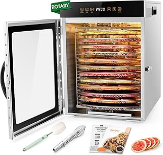 Kwasyo Deshydrateur Alimentaire avec 12 Rotatif Plateaux en Inox - Double ventilateur Séchage efficace à 720° - Deshydrateur Viande, Fruits, Champignons - 1000W Déshydrateur Alimentaire Inox