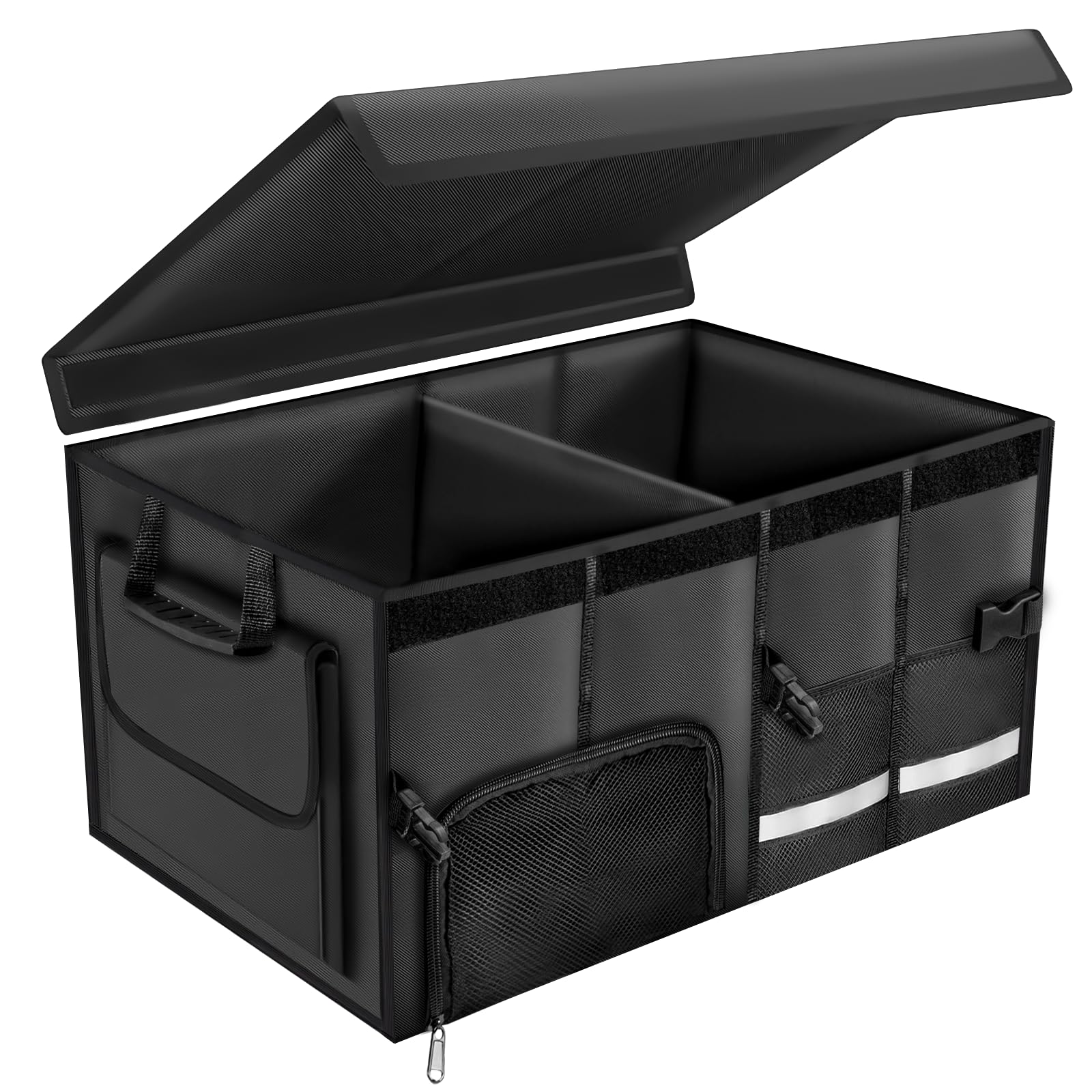 Carehabi Organizer per bagagliaio, 72 l, con coperchio, XXL, pieghevole, con scomparti e tasche, per bagagliaio, misura regolabile, accessorio per il campeggio, picnic
