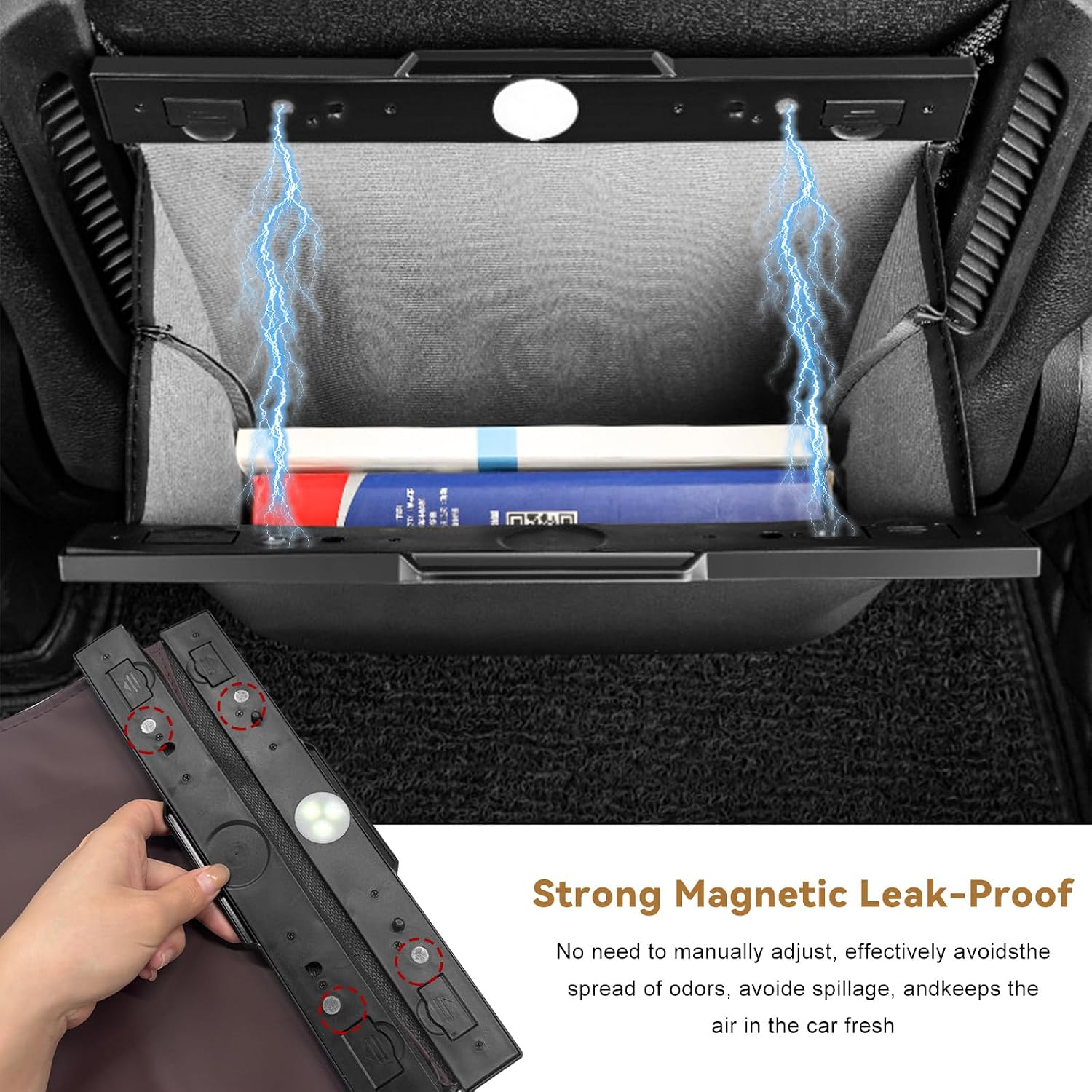 LED Car Trash Can, Strong Magnetic Garbage Can Leather Storage Pocket with 1 Roll Trash Bag, Leakproof Fast Closing Garbage Bin Portable LED Light Organizer for Most Vehicles (Brown)