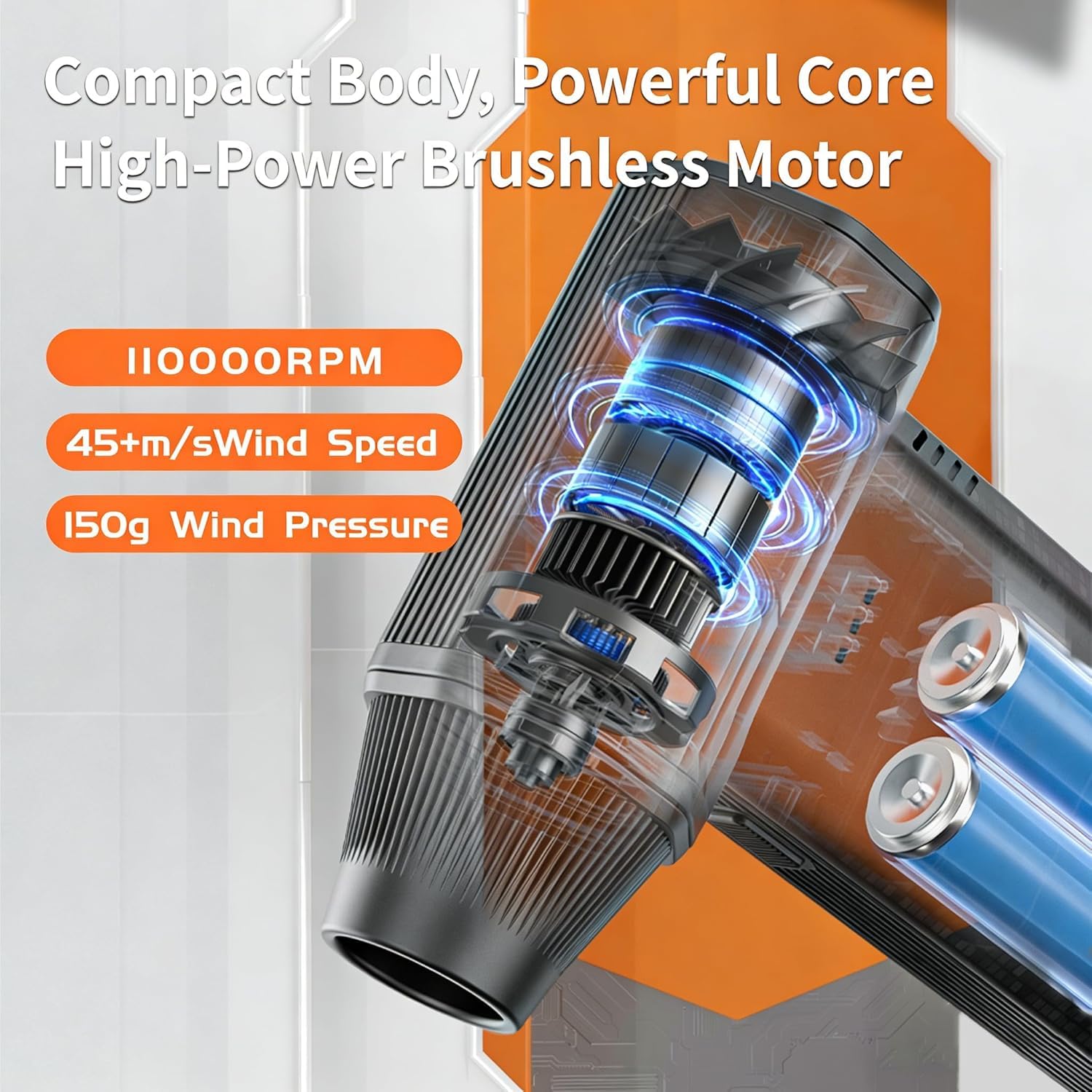 ORDRO Collecteur de poussière à air comprimé, 110 000 tr/min, super puissant, 3 vitesses réglables, rechargeable, mini ventilateur violent, convient pour clavier, ordinateur, voiture, nettoyage à