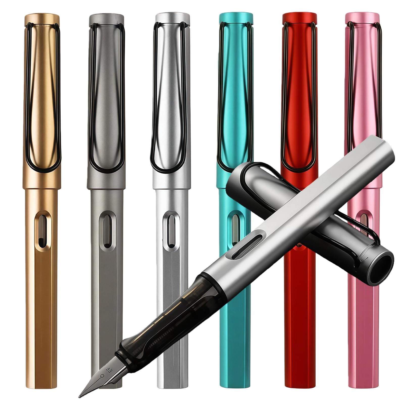 Yolkify Fountain Pen, Fountain Pens for Writing, 6Pcs 0.5mm Fine Nib Fountain Pen Smooth Writing Comfortable Grip Calligraphy Pen for Office Home School Supplies Sketching Journaling Lettering Text