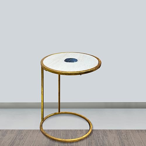 Miniatura 2 de The Urban Port Mesa auxiliar redonda de 20 pulgadas, parte superior de mármol blanco con incrustaciones de piedra de ágata azul, marco de hierro con