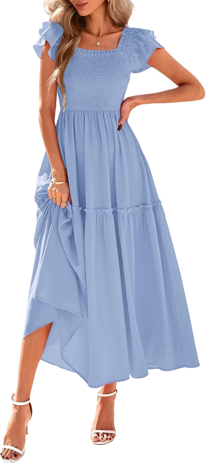 KIRUNDO Smocked Summer Dresses for Women 2025 Wedding Guest Midi Flowy Ruffle Short Sleeve Square Neck Tiered Sundress