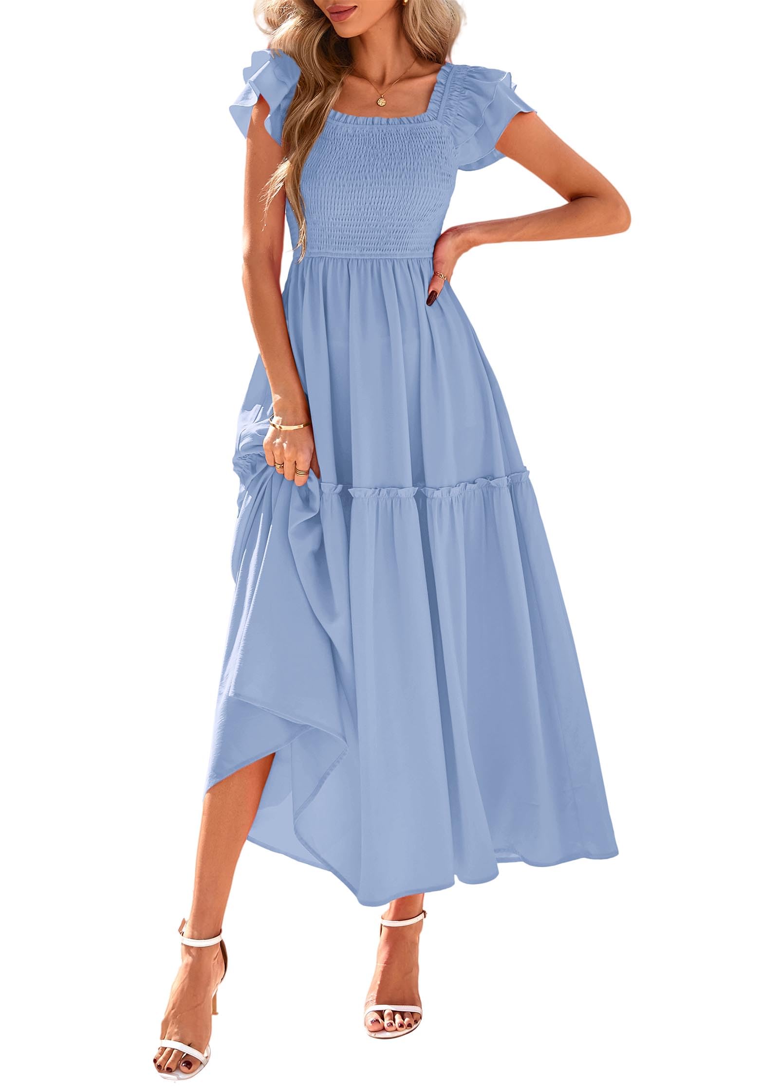 KIRUNDO Smocked Summer Dresses for Women 2026 Wedding Guest Midi Flowy Ruffle Short Sleeve Square Neck Tiered Sundress